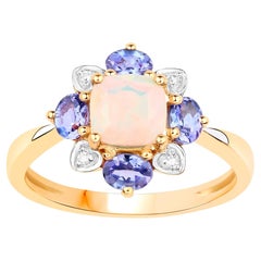 Ethiopian Opal Ring With Tanzanites and Diamonds 1.20 Carats 10K Yellow Gold