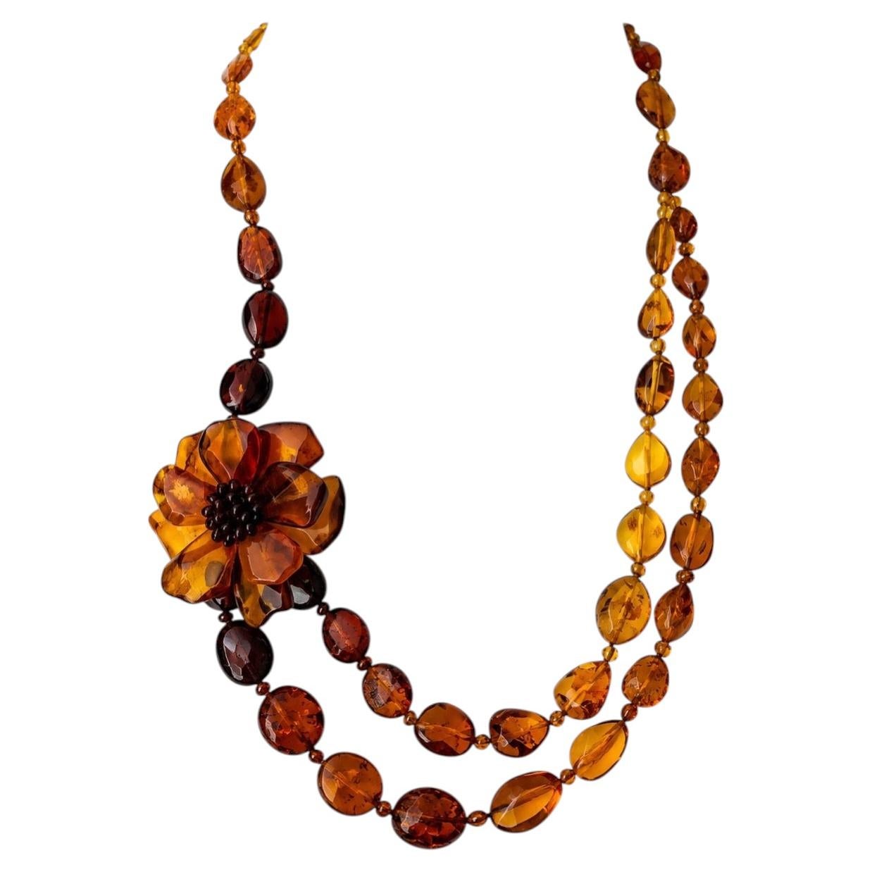 Natural Baltic Amber Double Strand Necklace With Flower Design
