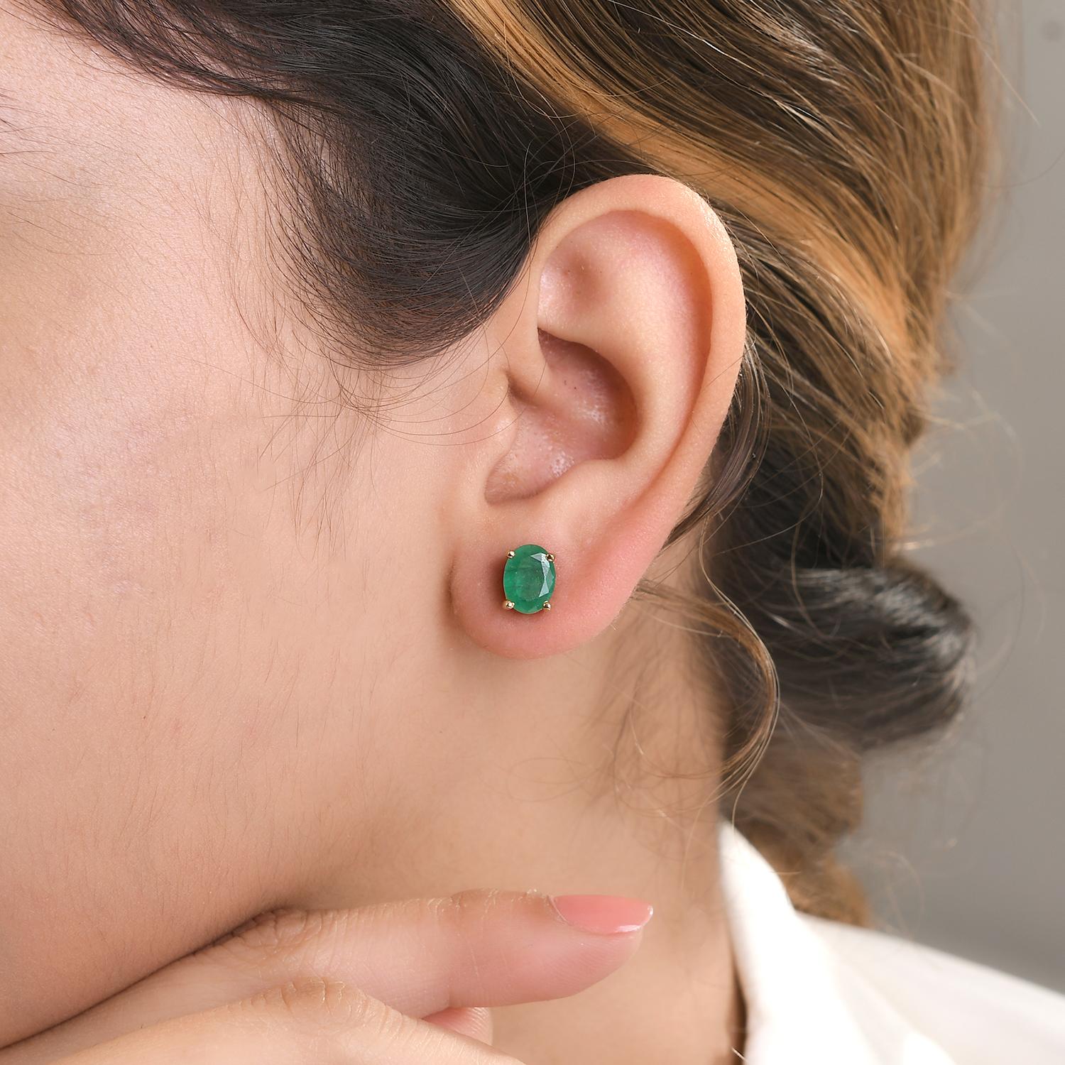 Oval Cut Natural Everyday Pair of Emerald Stud Earrings Gift for Her in 14k Yellow Gold For Sale