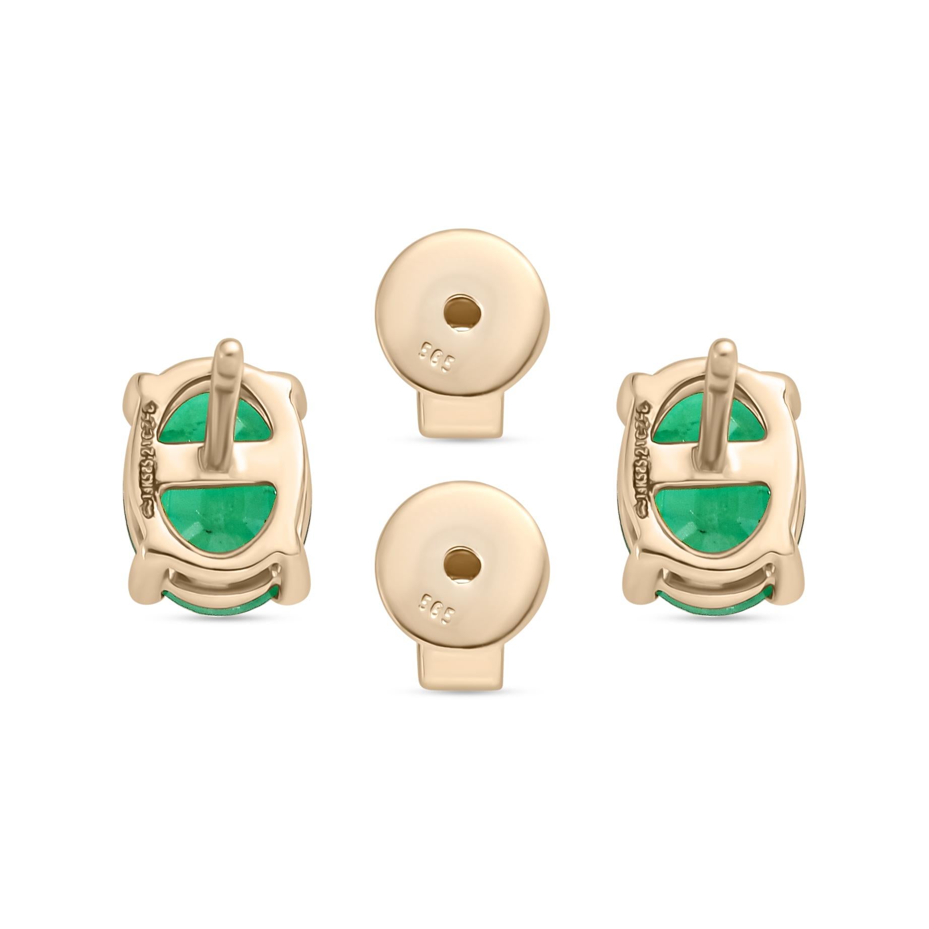 Natural Everyday Pair of Emerald Stud Earrings Gift for Her in 14k Yellow Gold For Sale 1