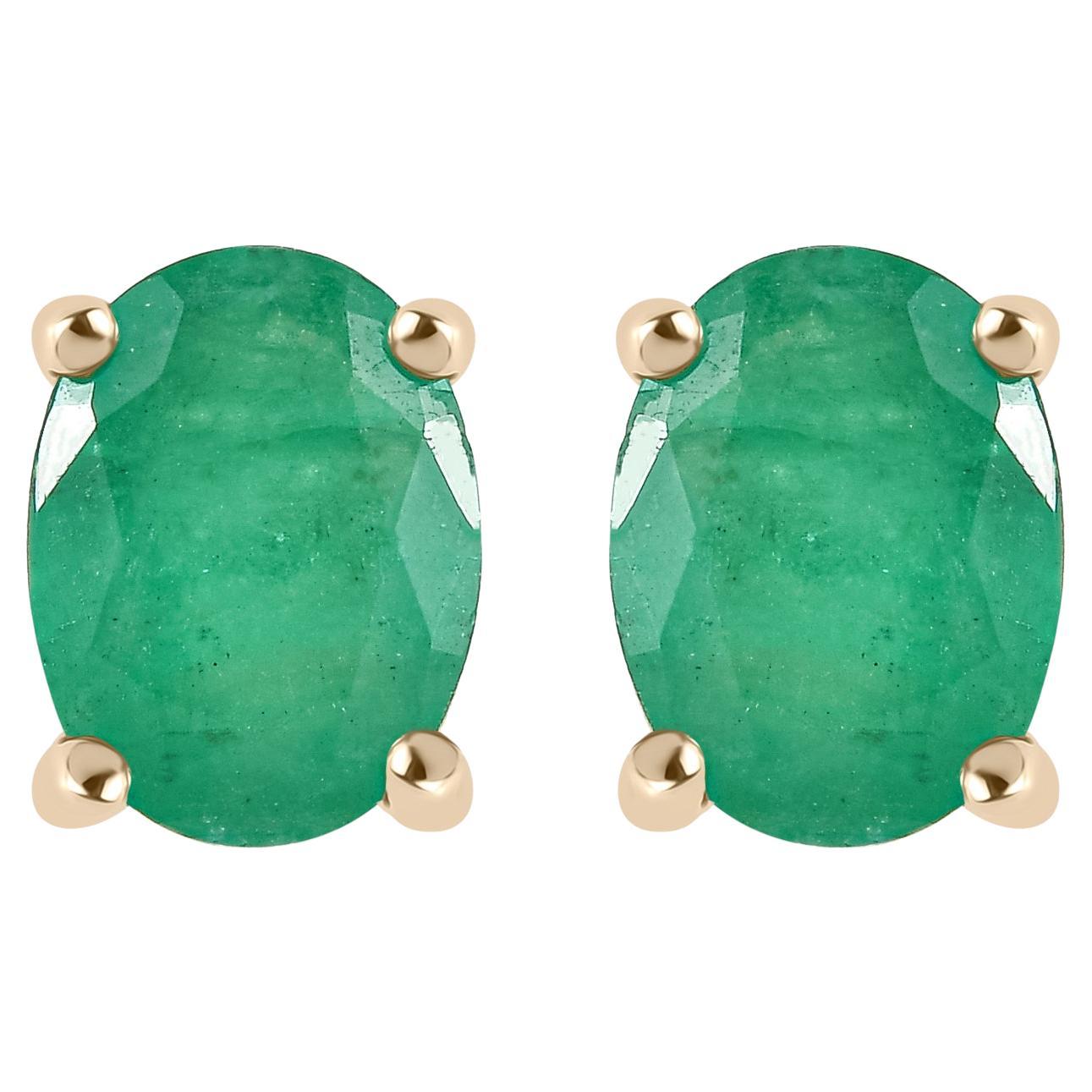 Natural Everyday Pair of Emerald Stud Earrings Gift for Her in 14k Yellow Gold For Sale