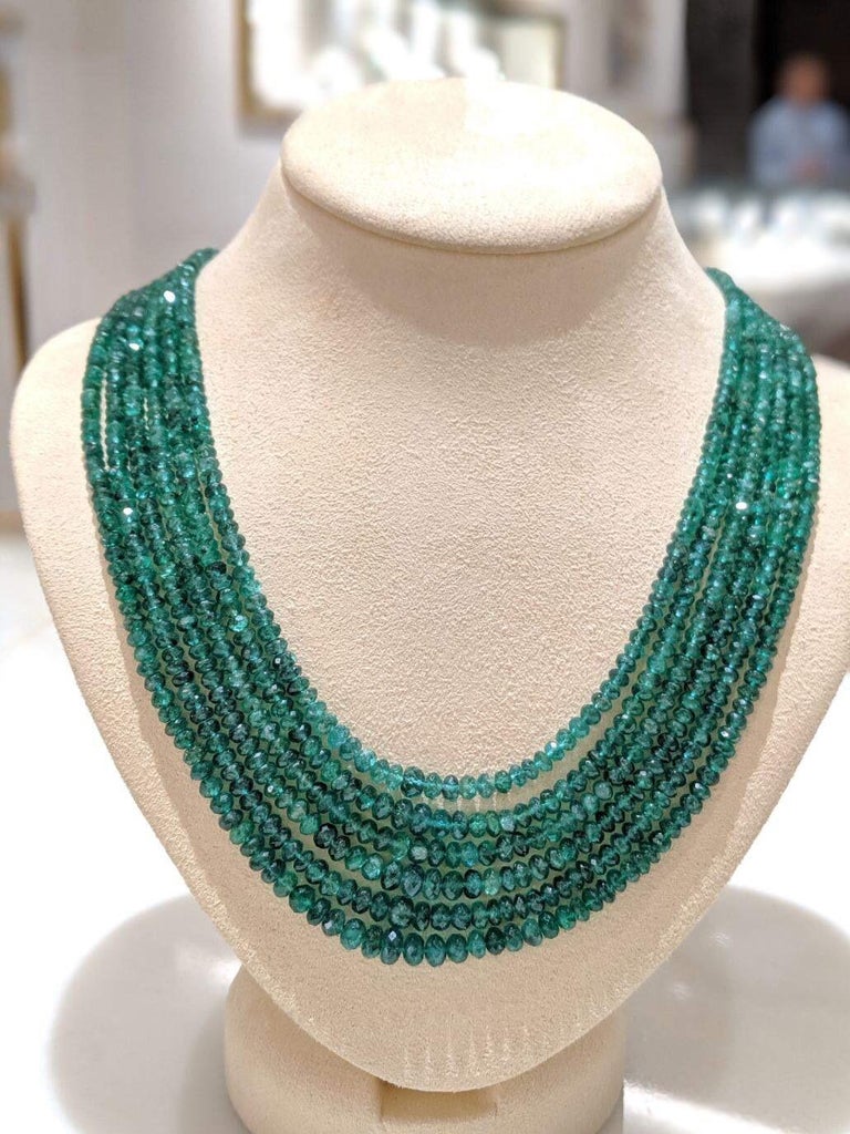 Natural Faceted 302 Carat Emerald Bead 6Strand Necklace with Diamond