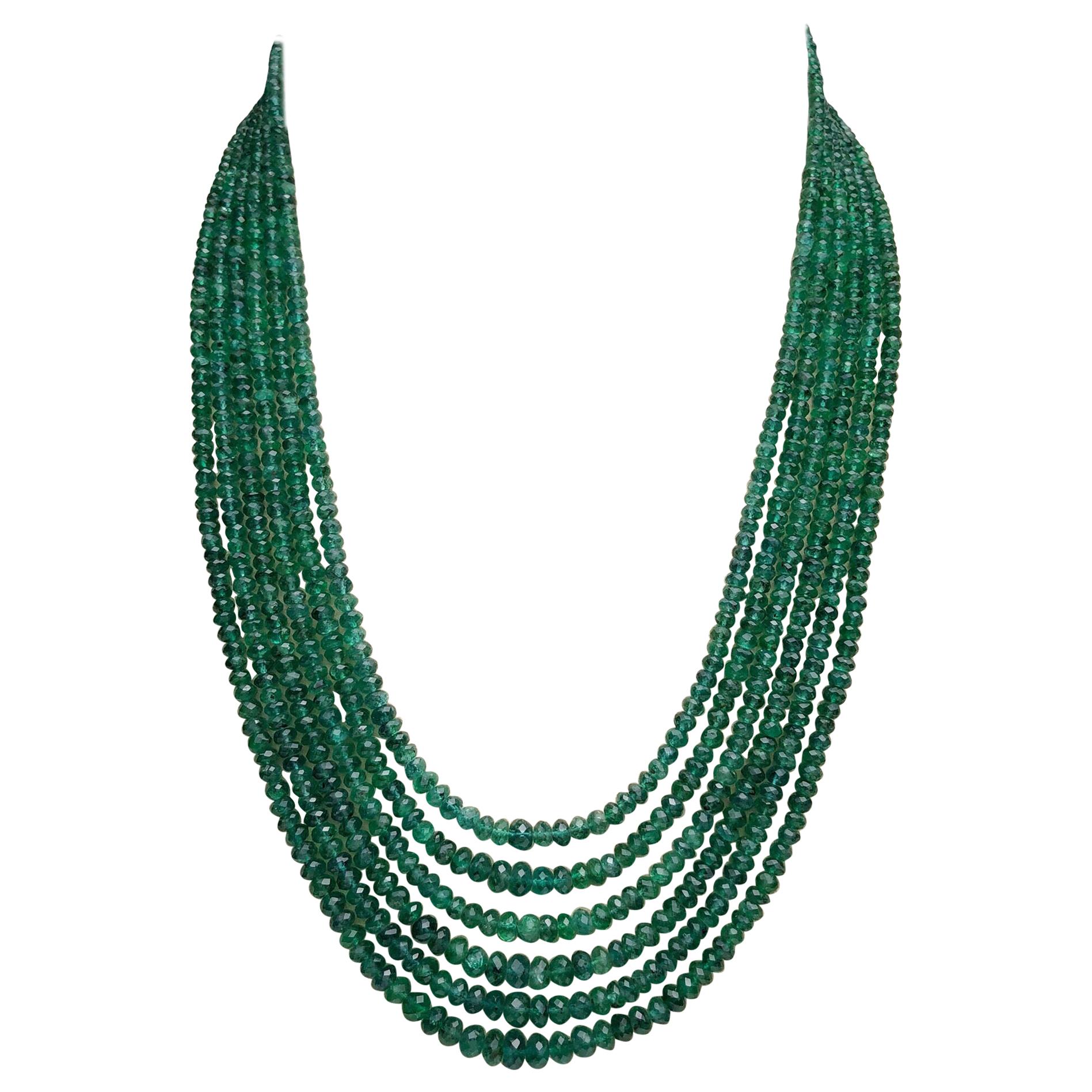 Natural Faceted 302 Carat Emerald Bead 6-Strand Necklace with Diamond Clasp