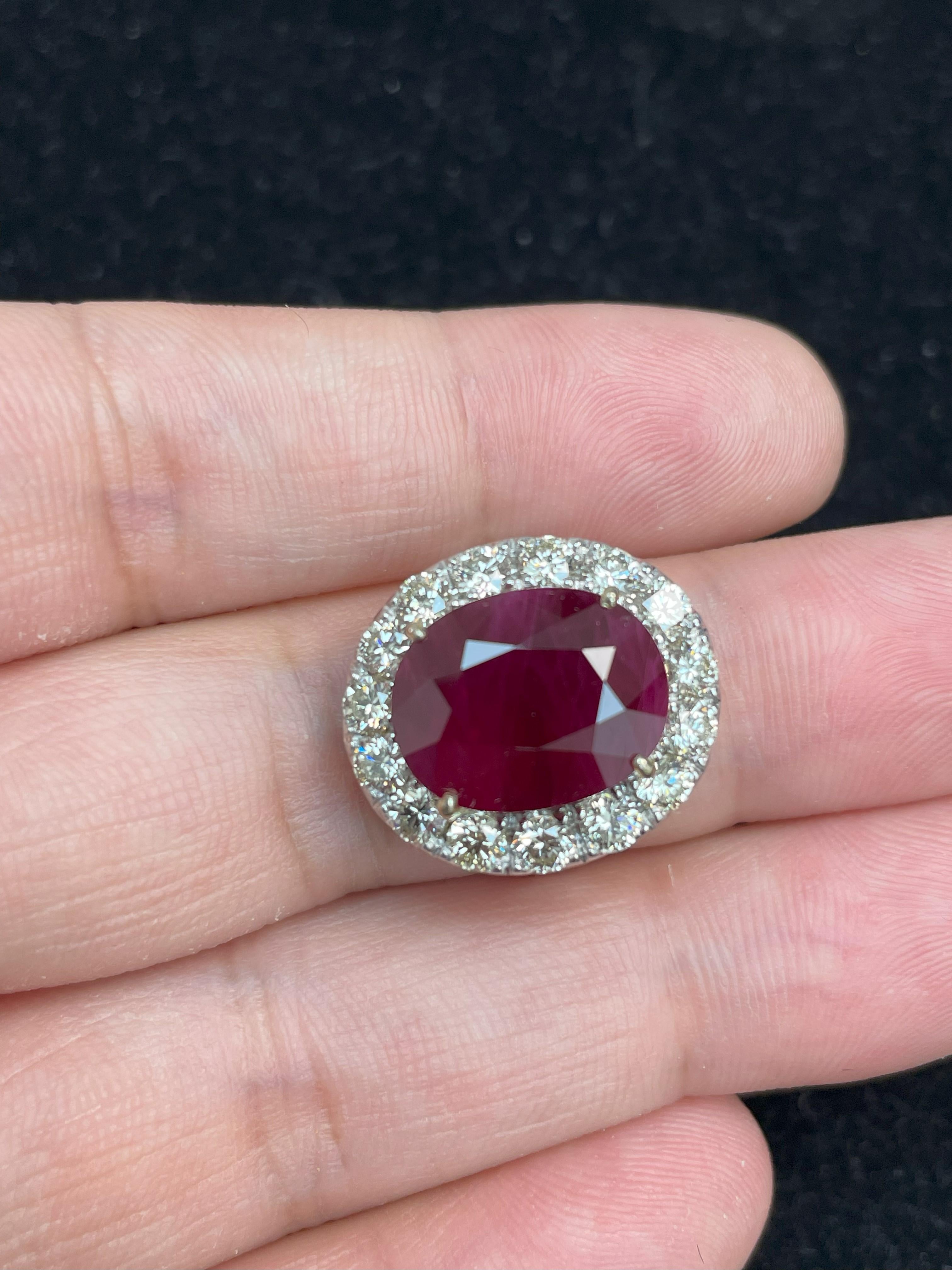 Faceted Oval Ruby Cts 10.58 and Diamond Engagement Ring GRS Certified  For Sale 3