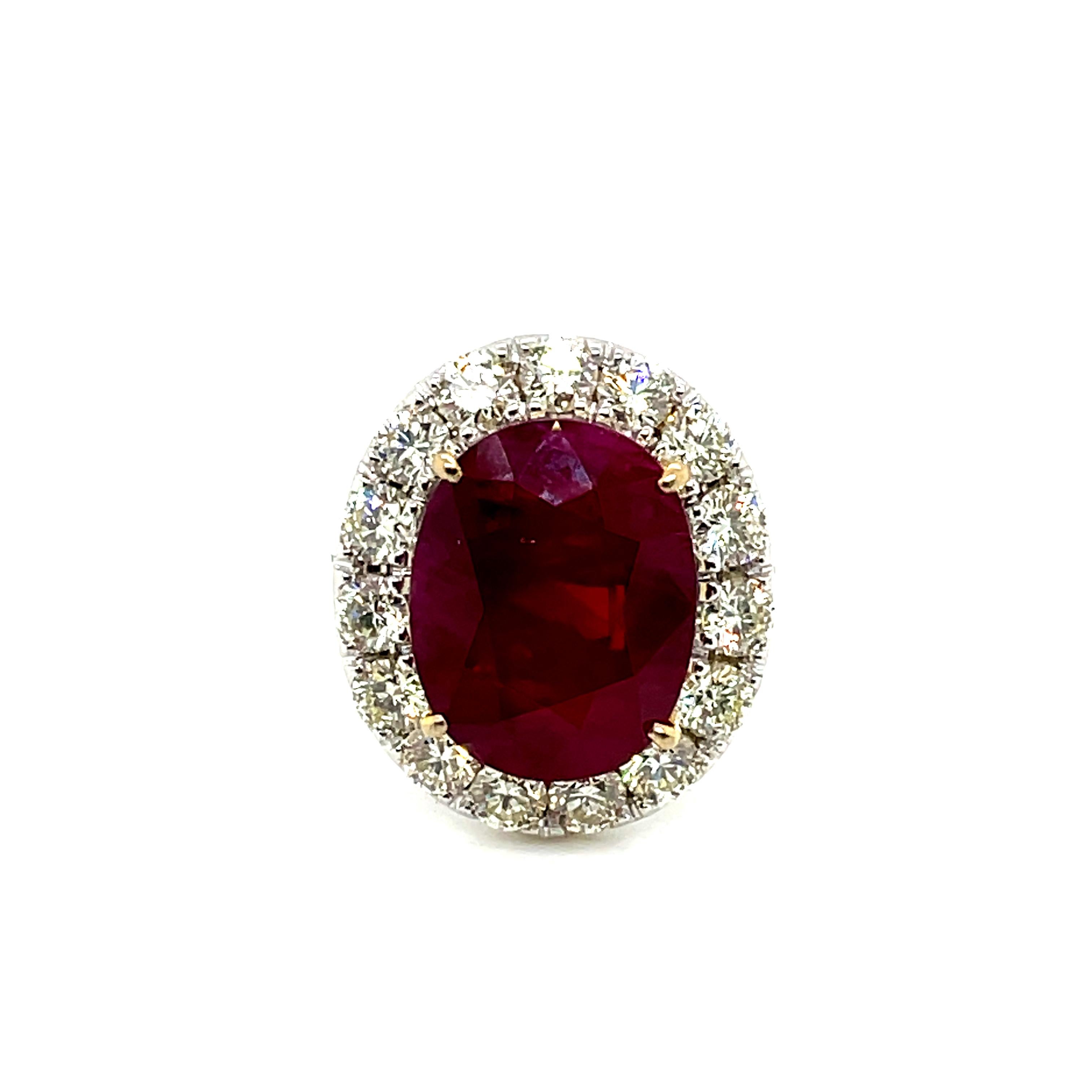 Oval Cut Faceted Oval Ruby Cts 10.58 and Diamond Engagement Ring GRS Certified  For Sale