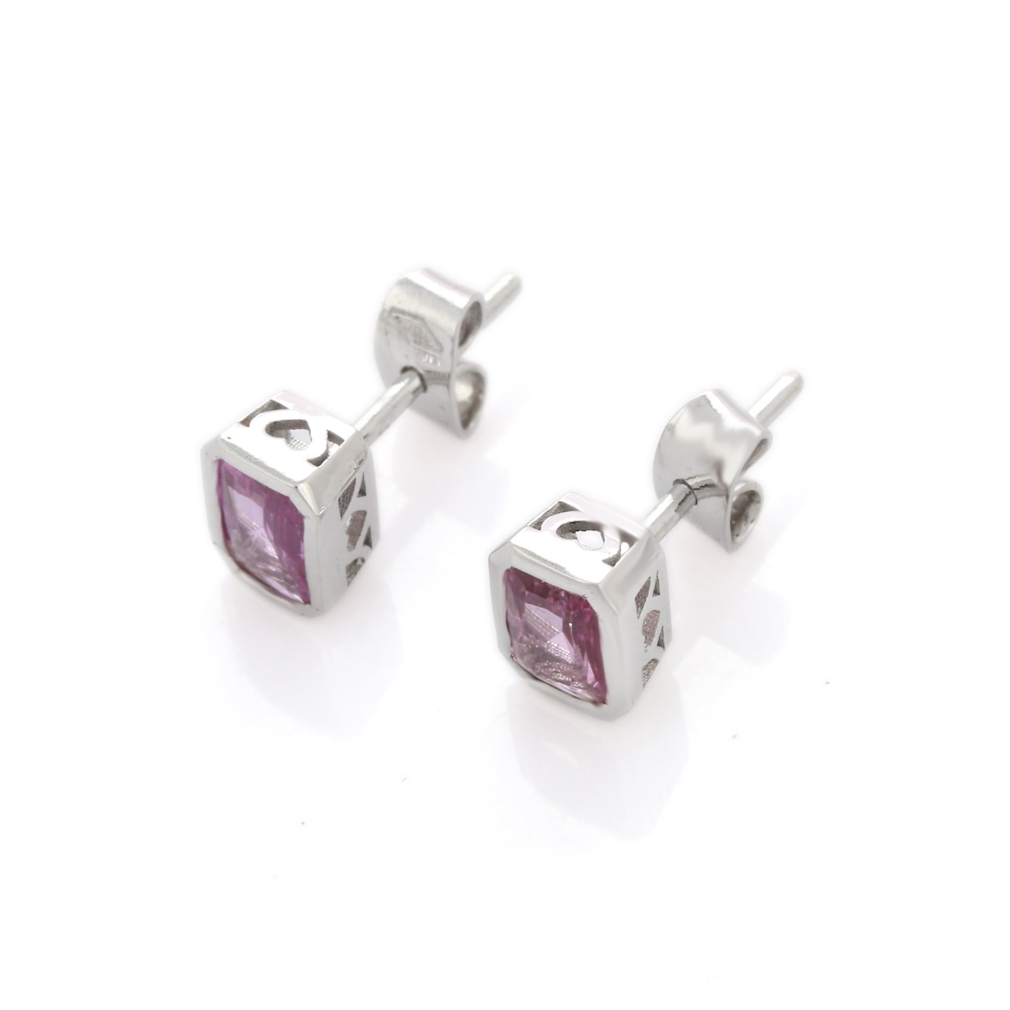 Studs create a subtle beauty while showcasing the colors of the natural precious gemstones making a statement.

Octagon cut pink sapphire studs in 18K gold. Embrace your look with these stunning pair of earrings suitable for any occasion to complete