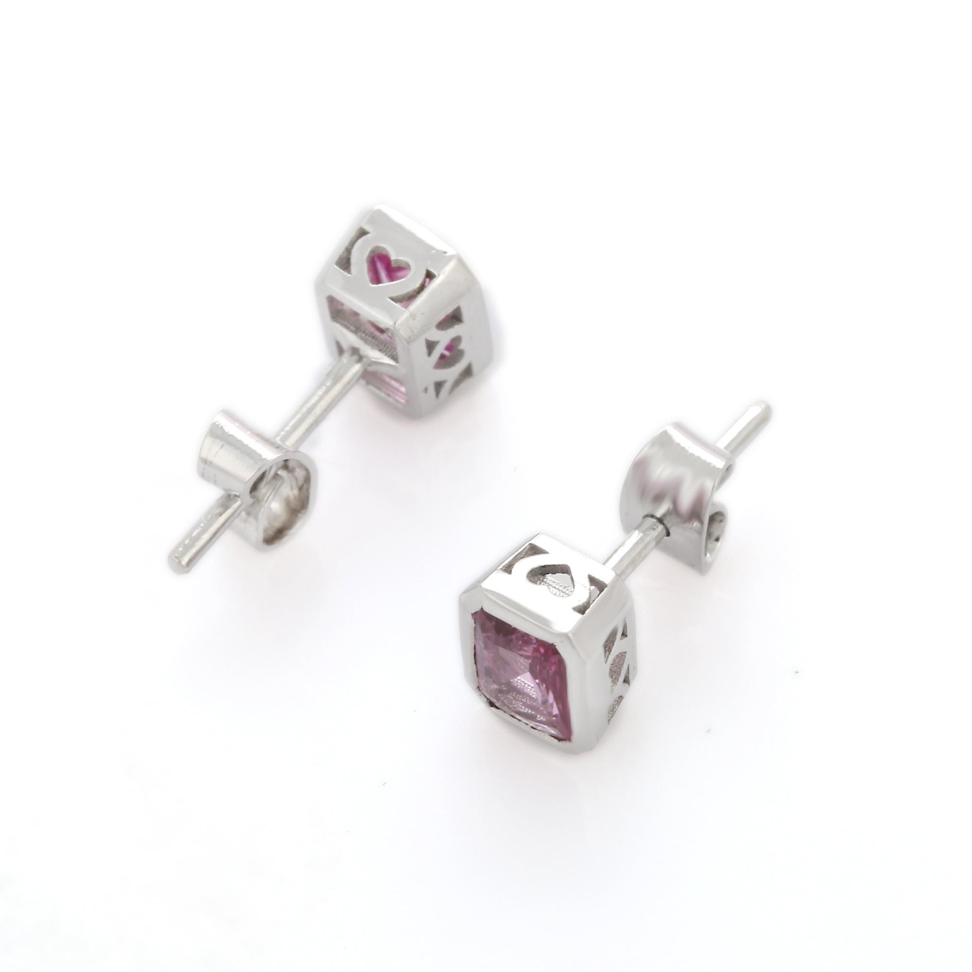 Artist Natural Faceted Pink Sapphire 1.64 Carat Gold Stud Earring in 18K White Gold For Sale