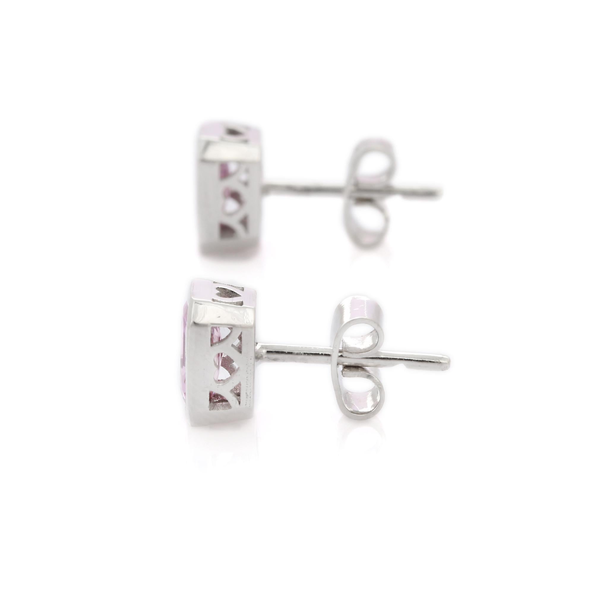 Octagon Cut Natural Faceted Pink Sapphire 1.64 Carat Gold Stud Earring in 18K White Gold For Sale