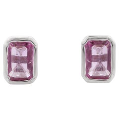 Clous d'oreilles en or blanc 18 carats avec saphir rose facetté naturel de 1,64 carat