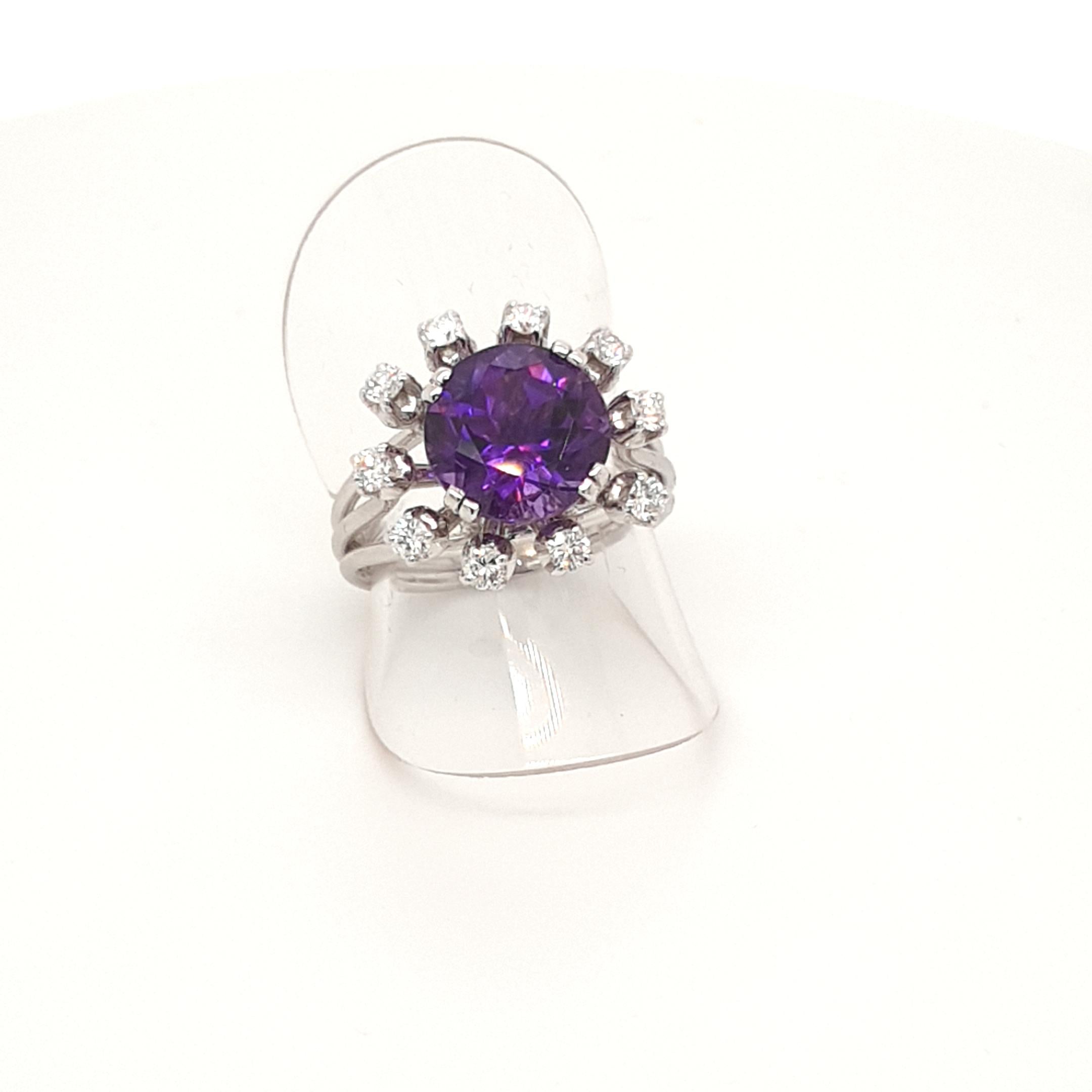 Arts and Crafts Natural Faceted Purple Amethyst Ring with 18 Carat White Gold and Diamonds For Sale