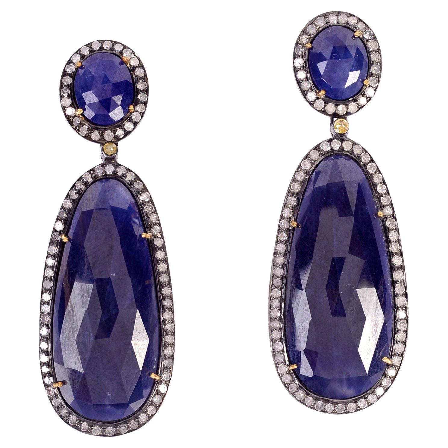 Natural Faceted Sapphire And Diamond Dangle Earrings 57 Carats For Sale
