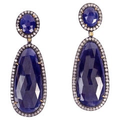 Vintage Natural Faceted Sapphire And Diamond Dangle Earrings 57 Carats