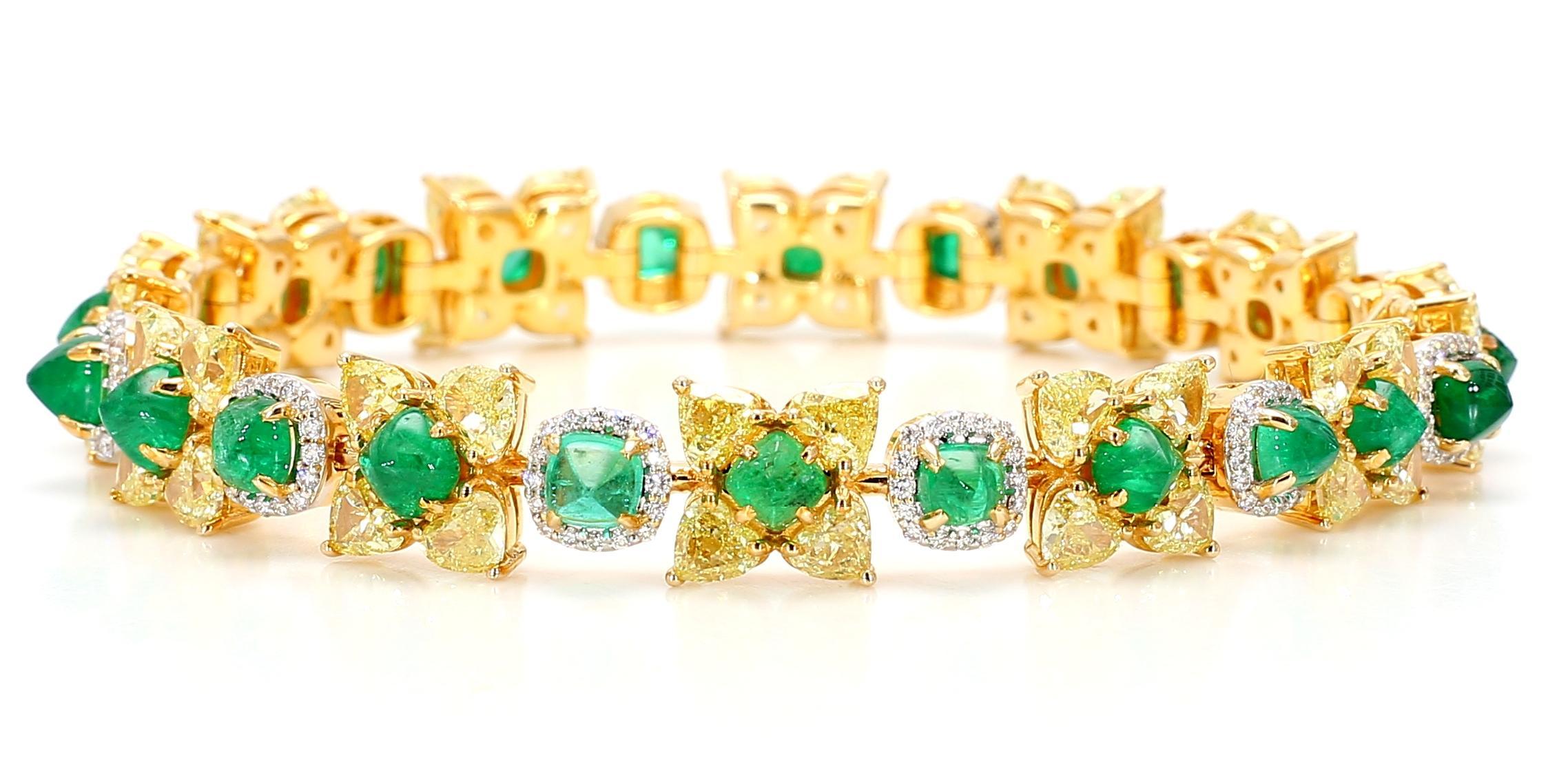 Round Cut Natural Fancy 11.24 Carat Yellow Diamonds 8.18 Carat Columbian Emerald Bracelet For Sale