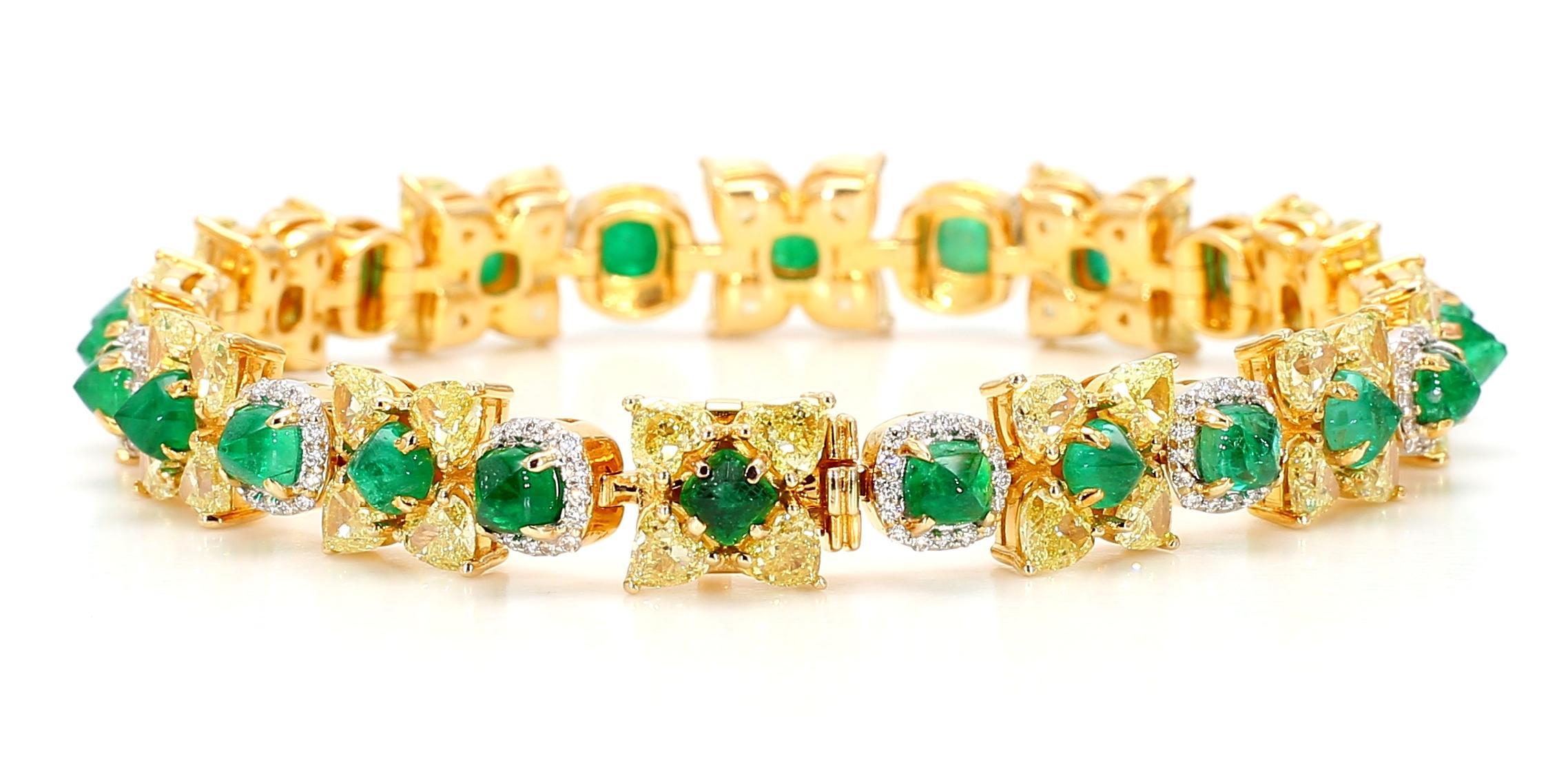 Women's Natural Fancy 11.24 Carat Yellow Diamonds 8.18 Carat Columbian Emerald Bracelet For Sale
