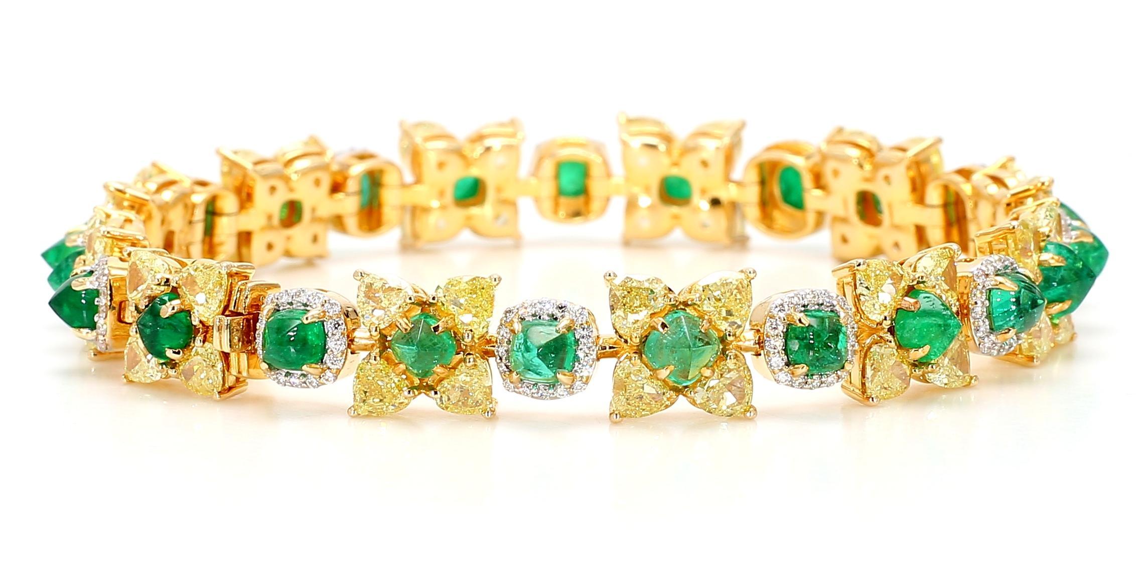 Natural Fancy 11.24 Carat Yellow Diamonds 8.18 Carat Columbian Emerald Bracelet For Sale 1