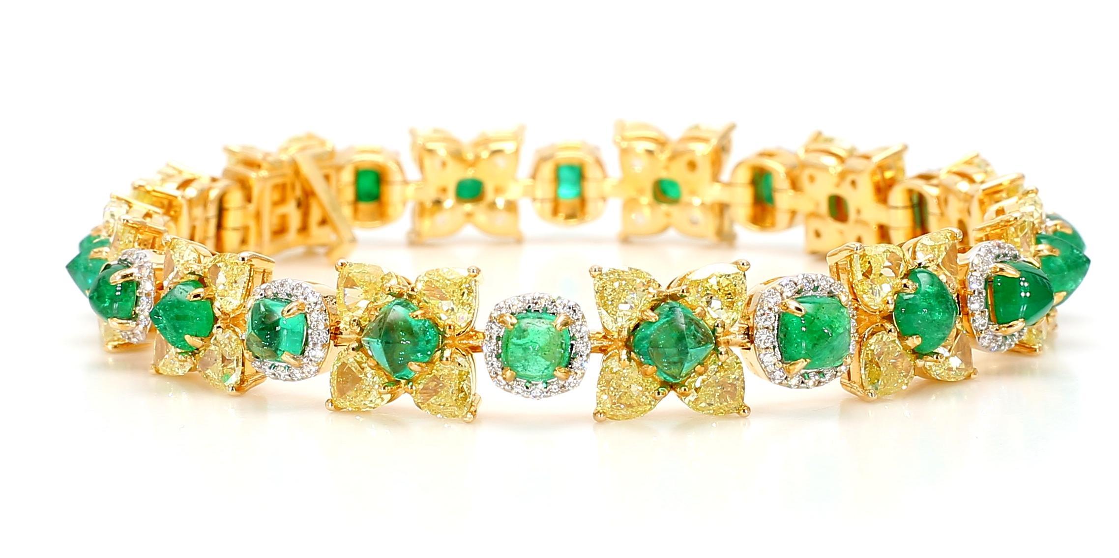 Natural Fancy 11.24 Carat Yellow Diamonds 8.18 Carat Columbian Emerald Bracelet For Sale 2