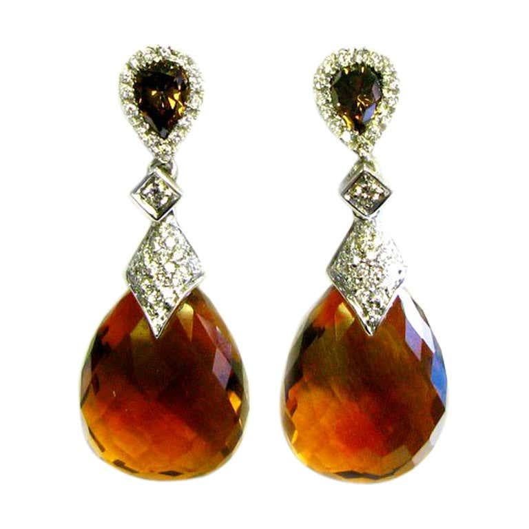 Contemporary Natural Fancy Brown Diamond and Pear Citrine Earrings For Sale