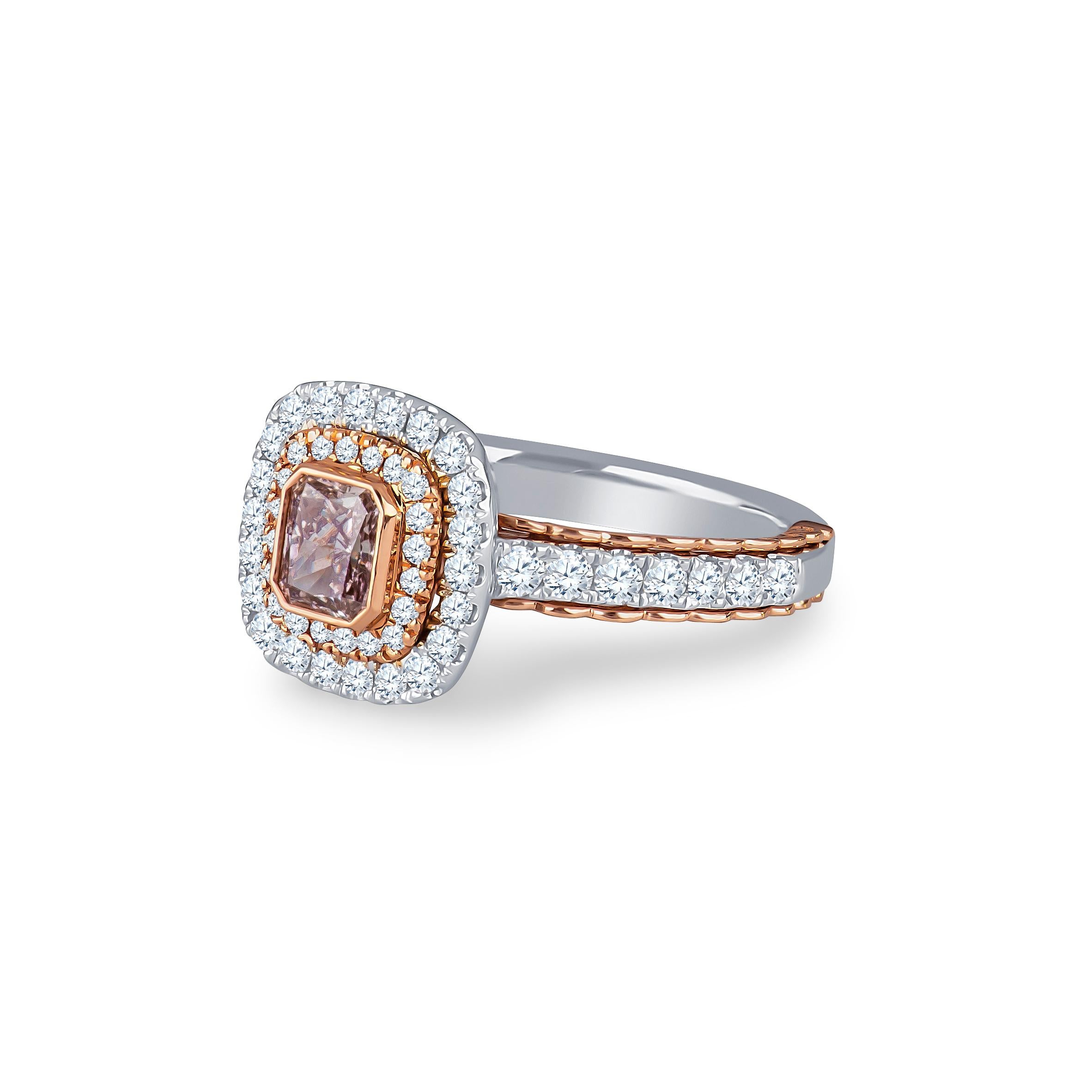 14 Karat white and rose gold double cushion shape halo, cathedral diamond semi-mount with 0.72 carats total weight of round brilliant  prong set diamonds and one bezel set 0.62 Radiant cut natural fancy brownish purple-pink. Ring size 7 but
