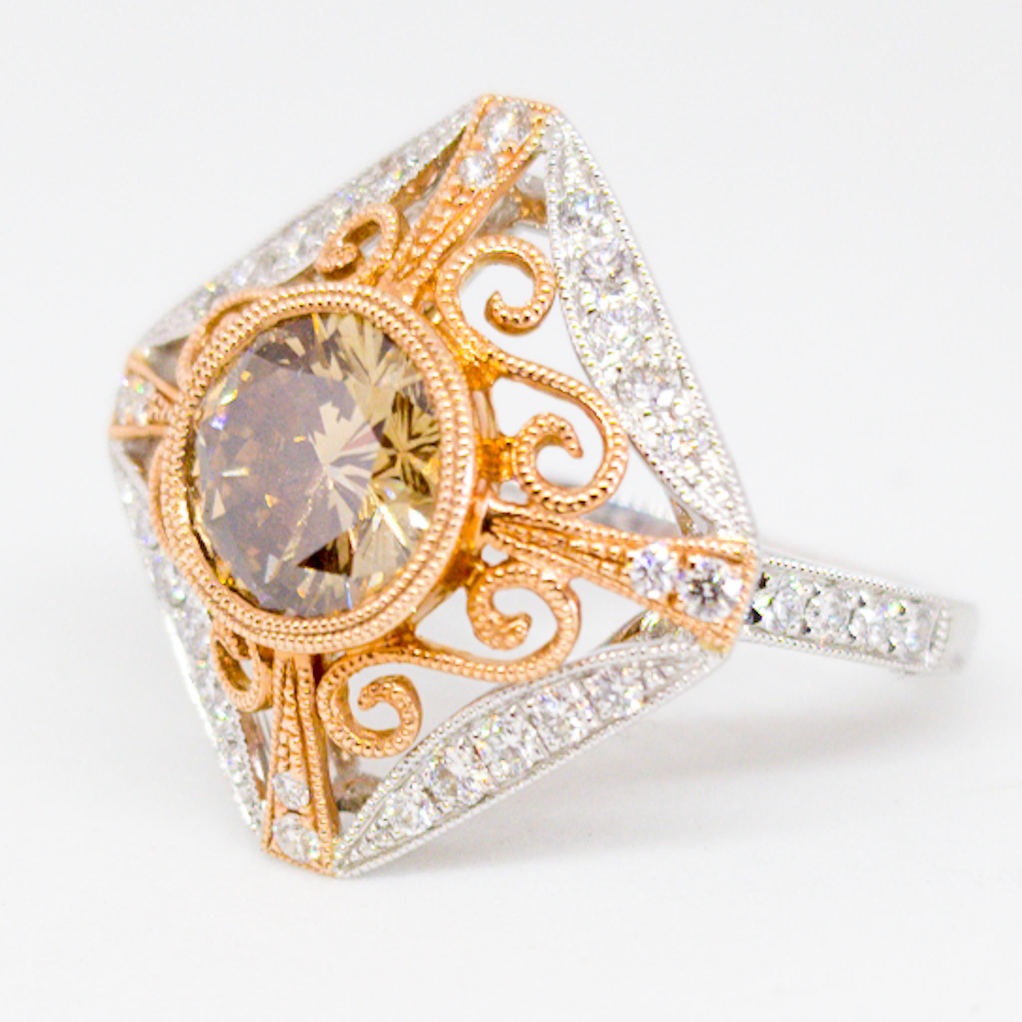 Natural Fancy Champagne Diamond Ring 2.26 Carat Filigree White and Rose Gold For Sale 3