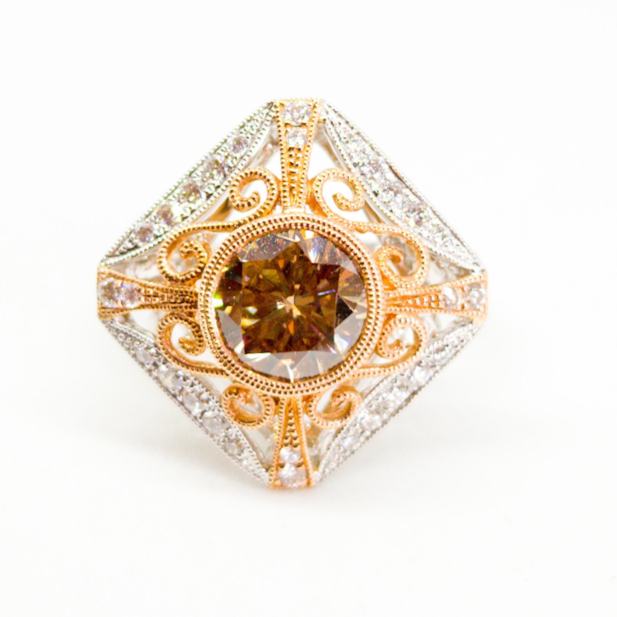 Natural Fancy Champagne Diamond Ring 2.26 Carat Filigree White and Rose Gold For Sale 4