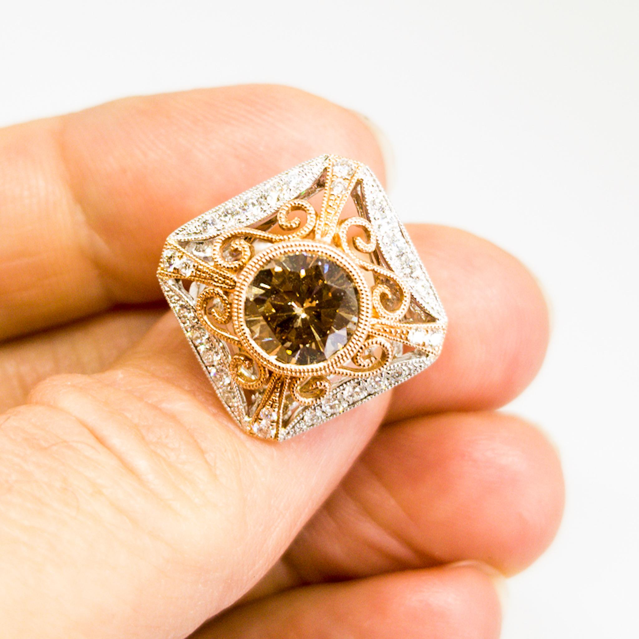 Natural Fancy Champagne Diamond Ring 2.26 Carat Filigree White and Rose Gold For Sale 5