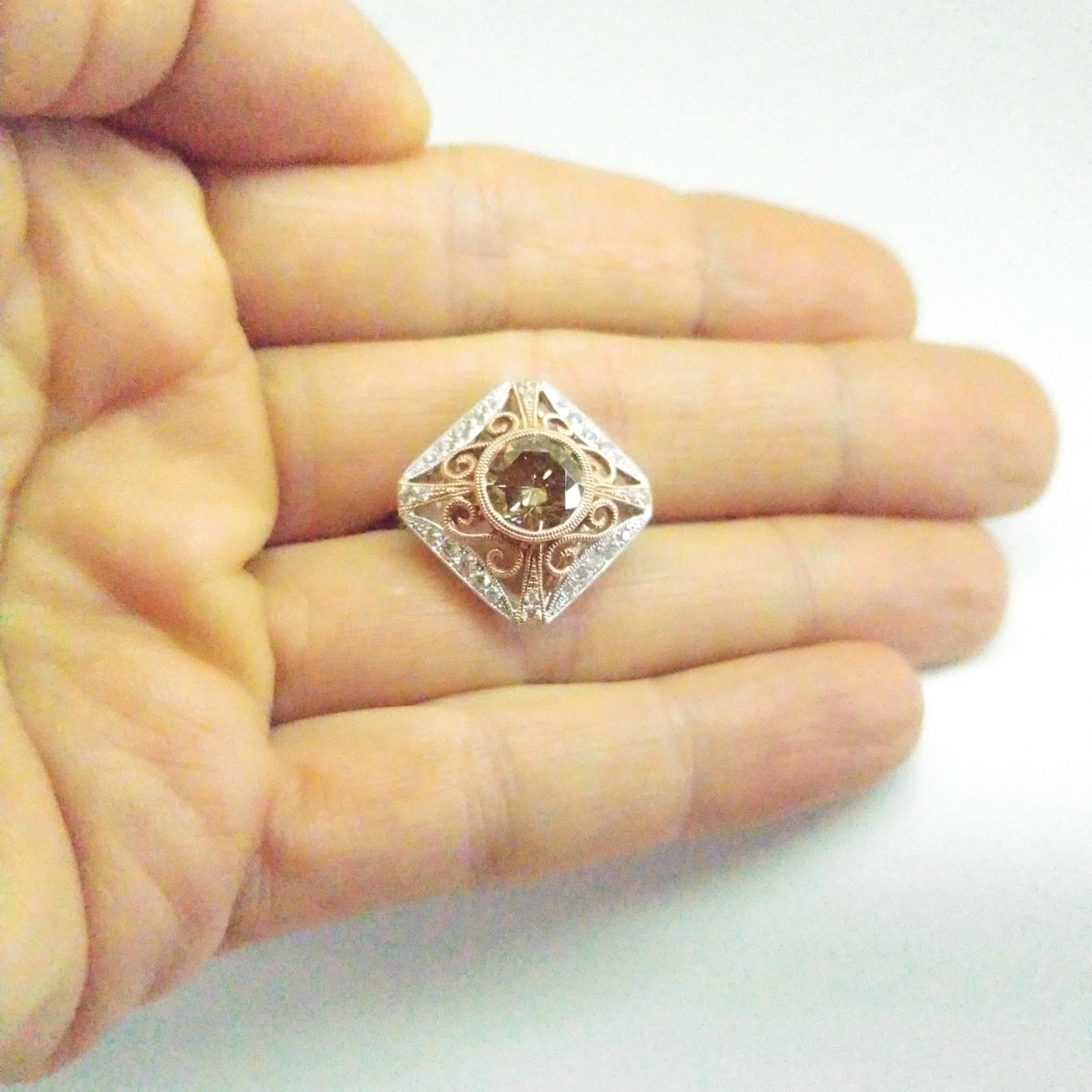Natural Fancy Champagne Diamond Ring 2.26 Carat Filigree White and Rose Gold For Sale 6