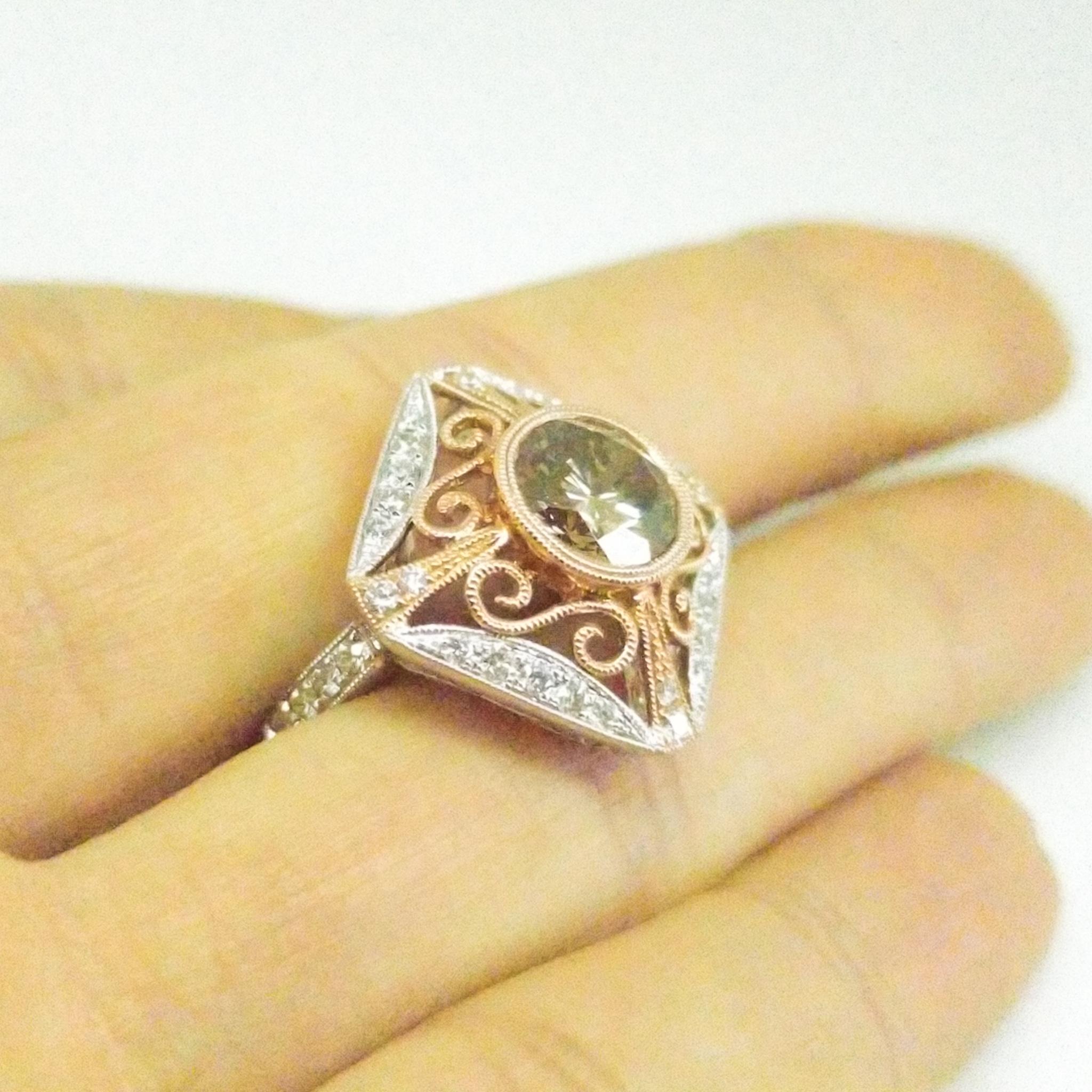 Natural Fancy Champagne Diamond Ring 2.26 Carat Filigree White and Rose Gold For Sale 7