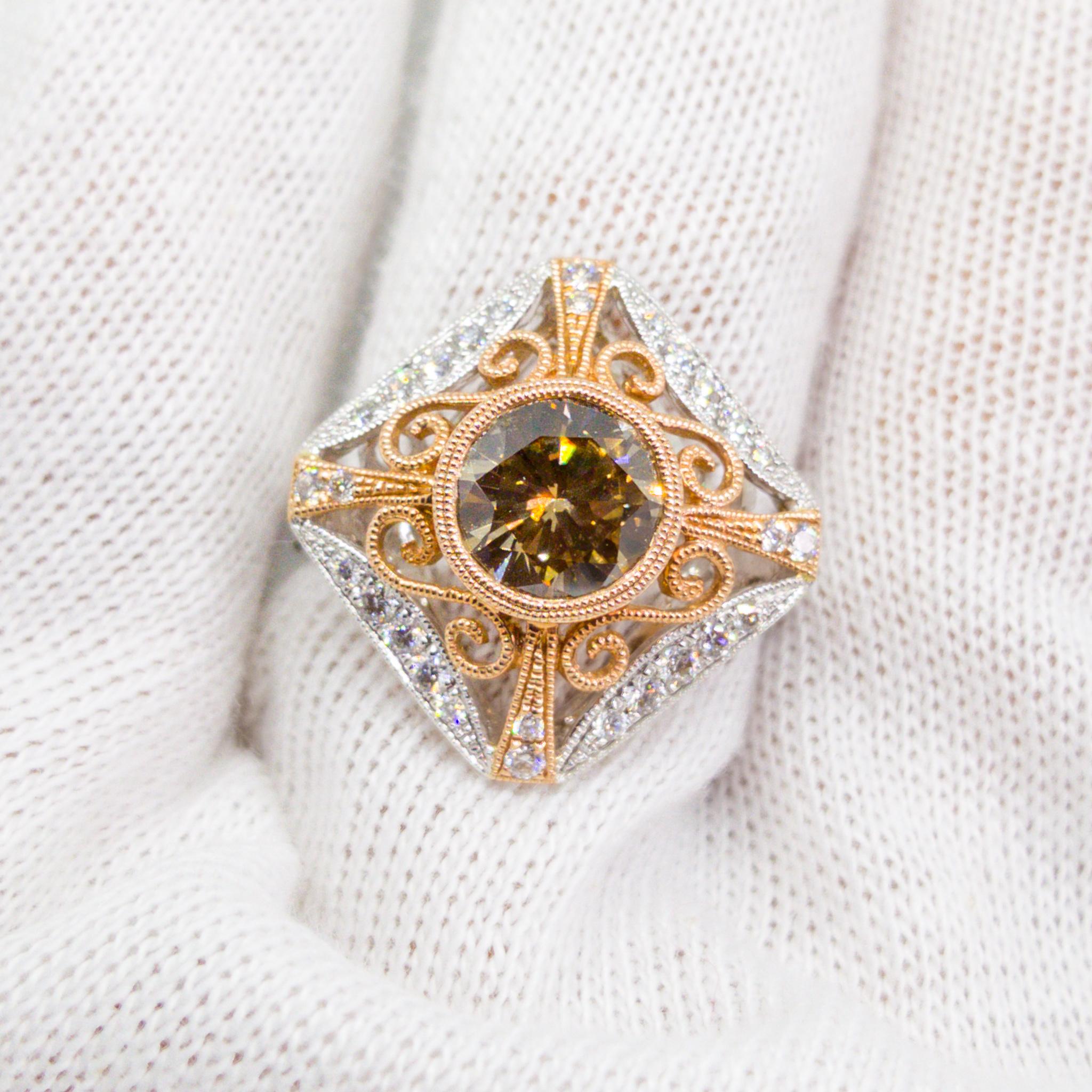 Natural Fancy Champagne Diamond Ring 2.26 Carat Filigree White and Rose Gold For Sale 8