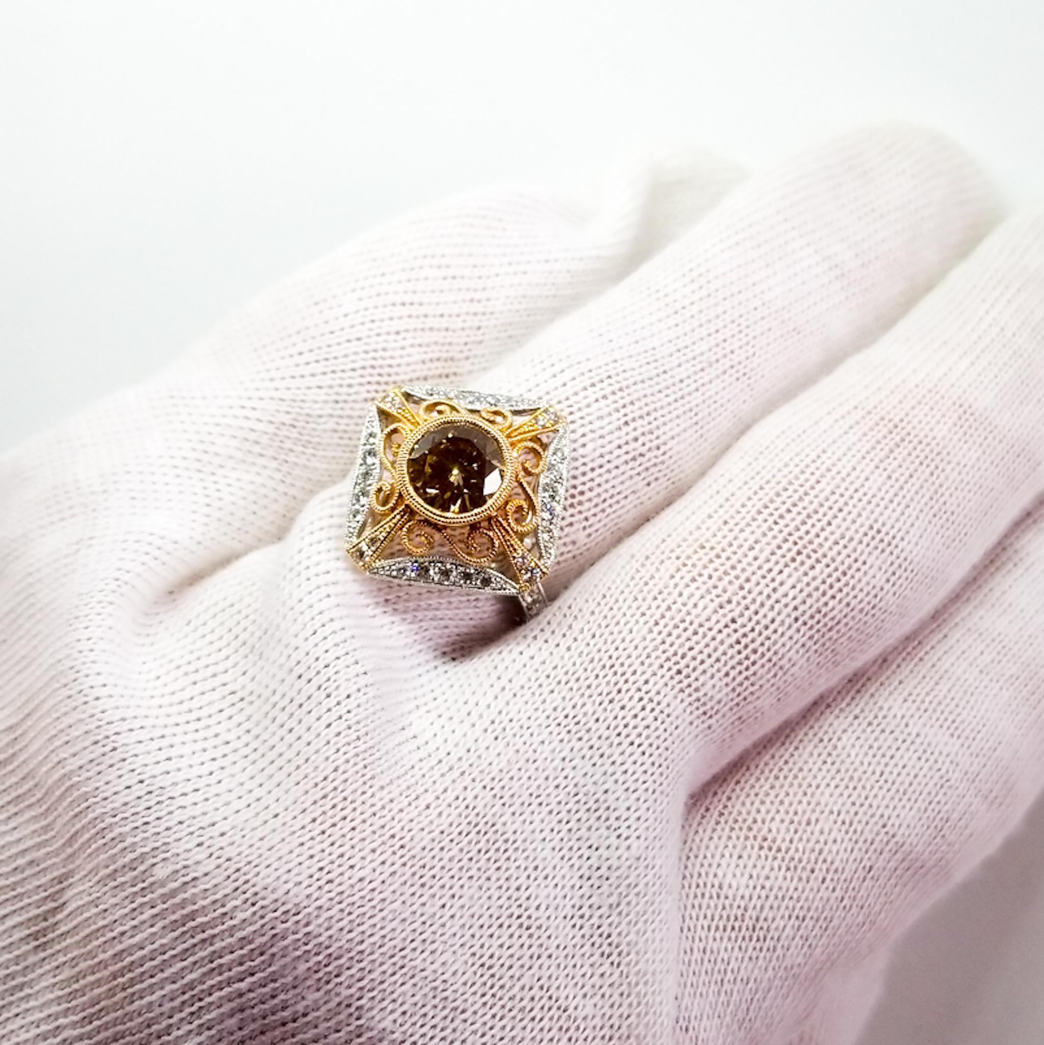 Natural Fancy Champagne Diamond Ring 2.26 Carat Filigree White and Rose Gold For Sale 9