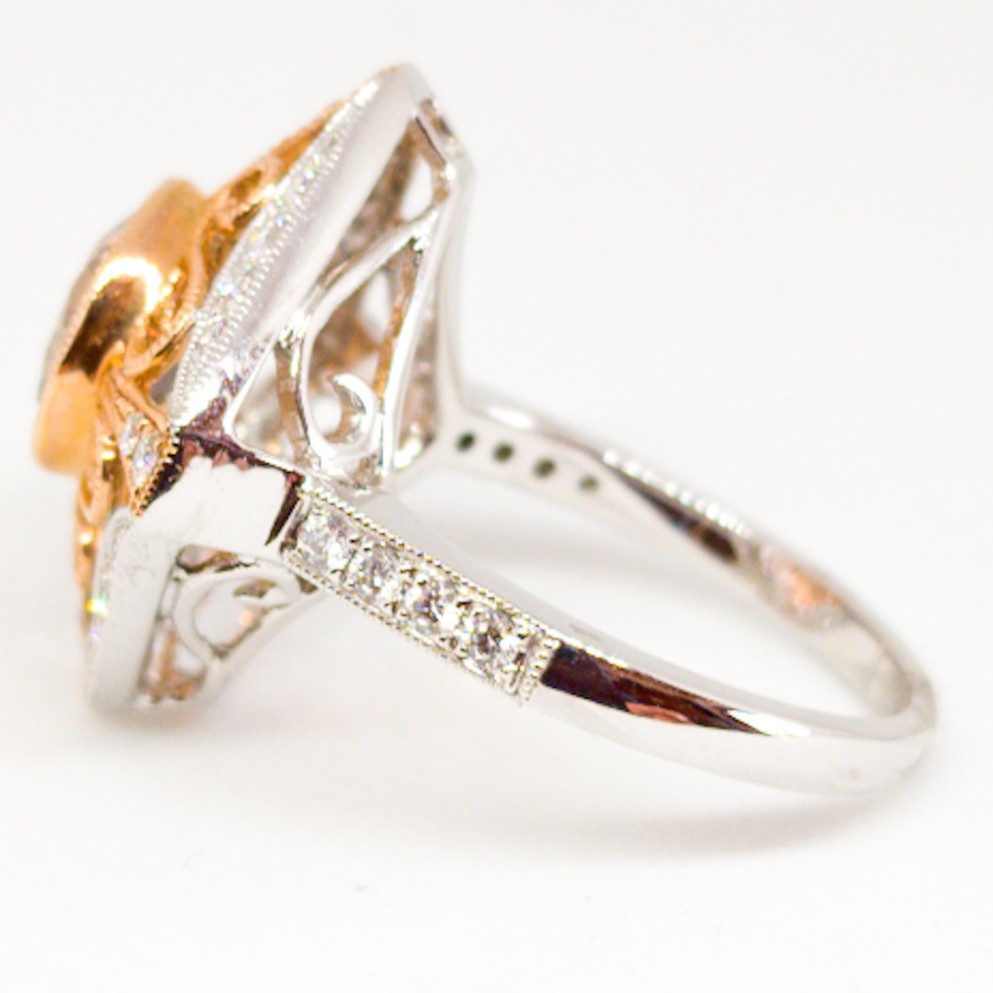 Art Deco Natural Fancy Champagne Diamond Ring 2.26 Carat Filigree White and Rose Gold For Sale