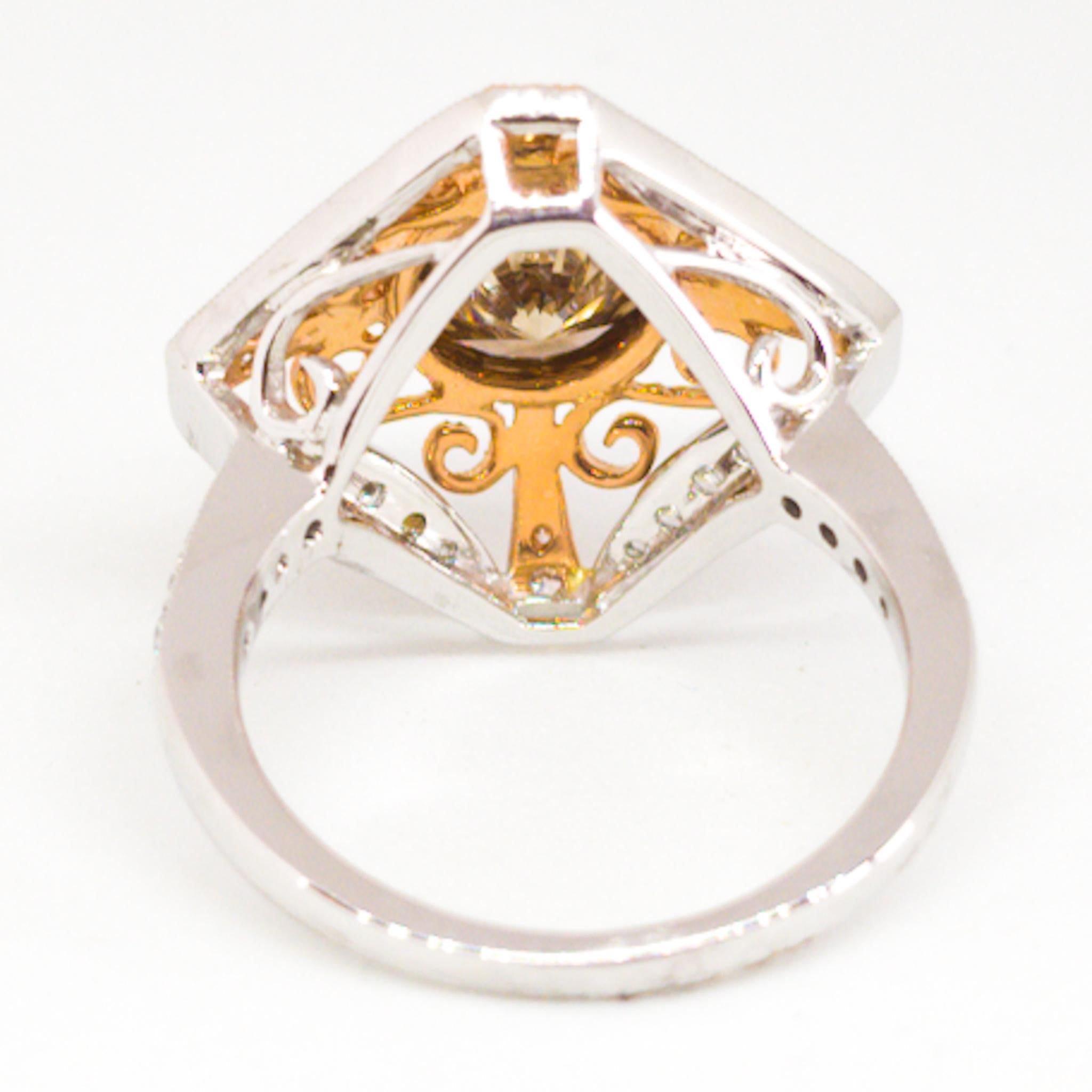 Round Cut Natural Fancy Champagne Diamond Ring 2.26 Carat Filigree White and Rose Gold For Sale