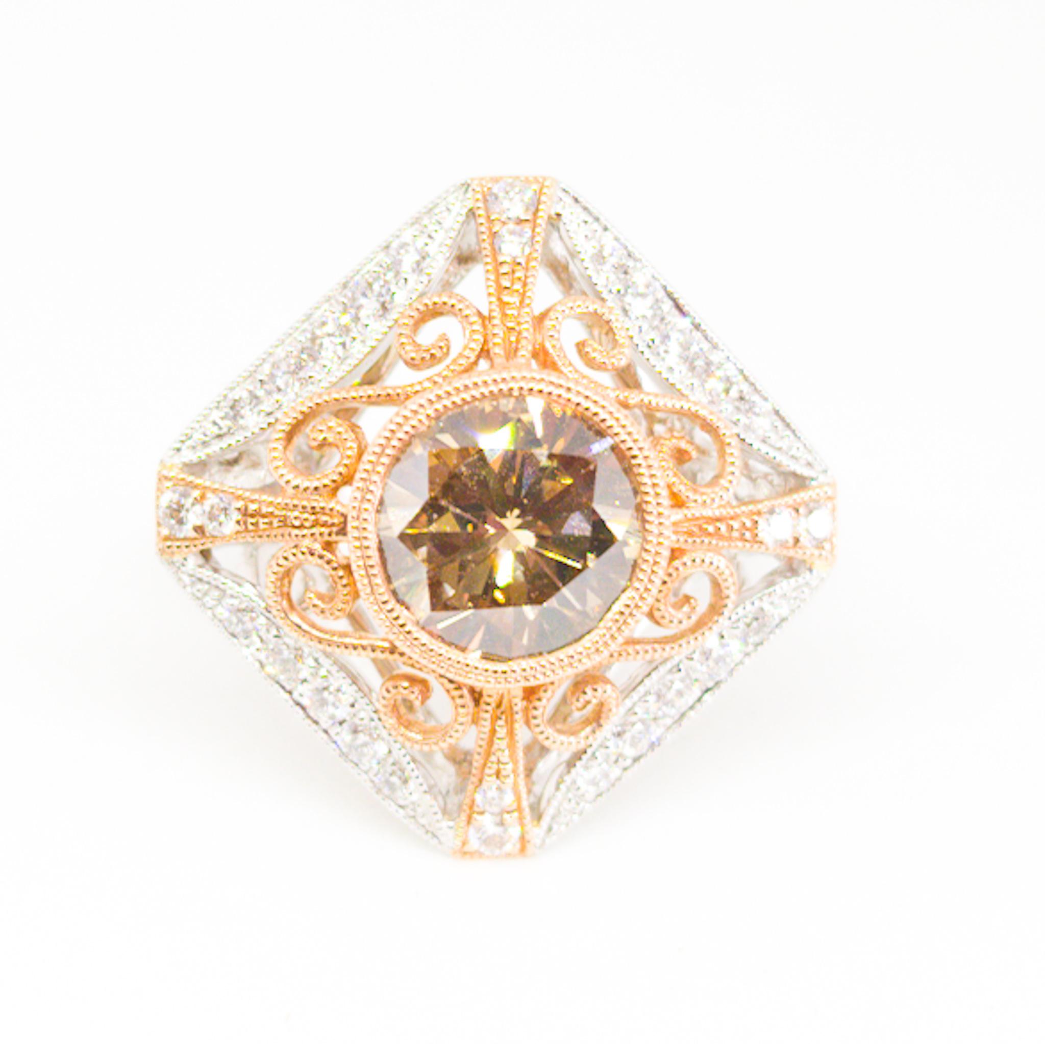 Women's or Men's Natural Fancy Champagne Diamond Ring 2.26 Carat Filigree White and Rose Gold For Sale