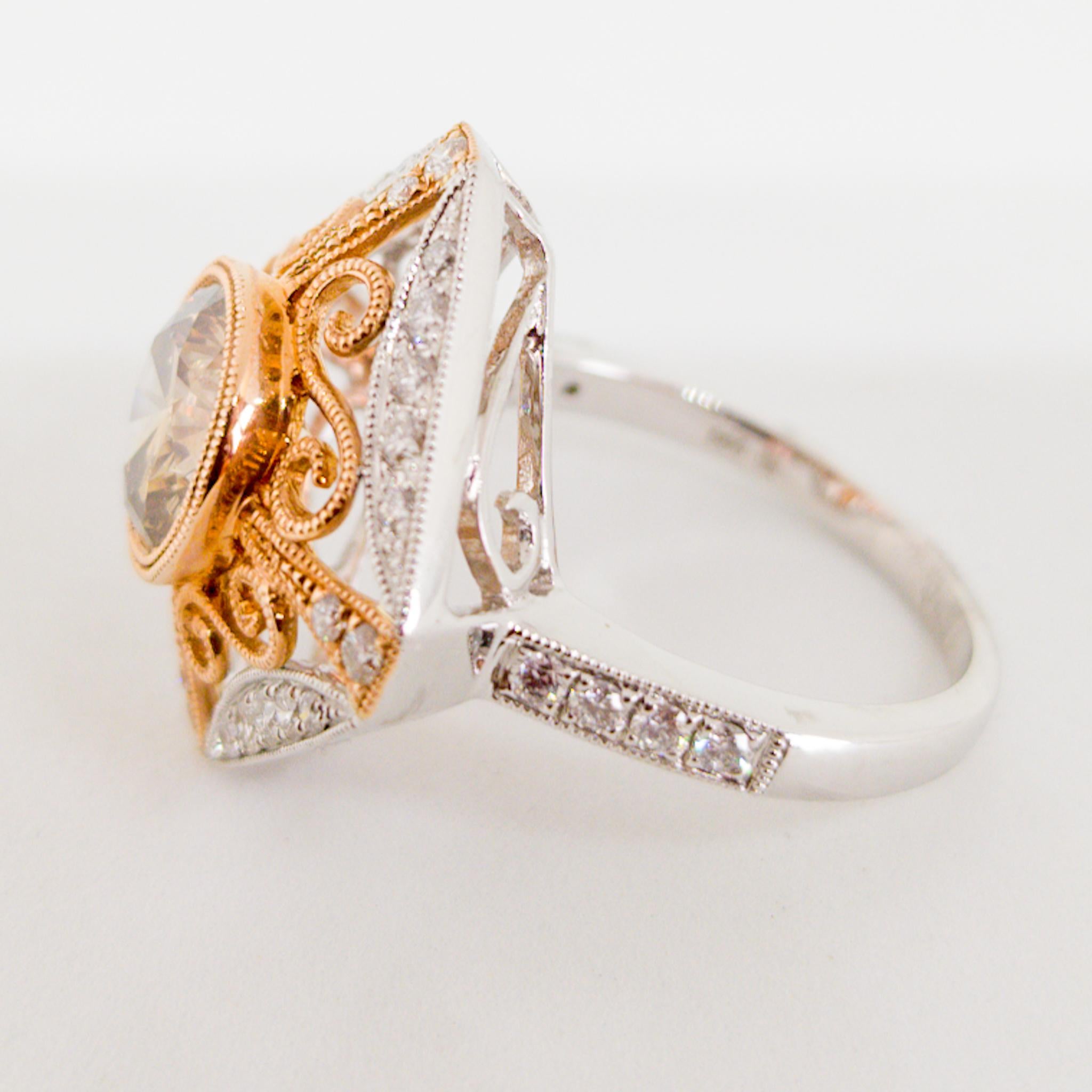Natural Fancy Champagne Diamond Ring 2.26 Carat Filigree White and Rose Gold For Sale 1