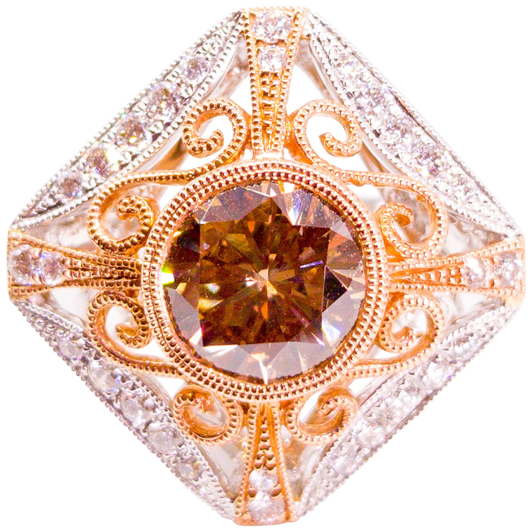 Natural Fancy Champagne Diamond Ring 2.26 Carat Filigree White and Rose Gold For Sale