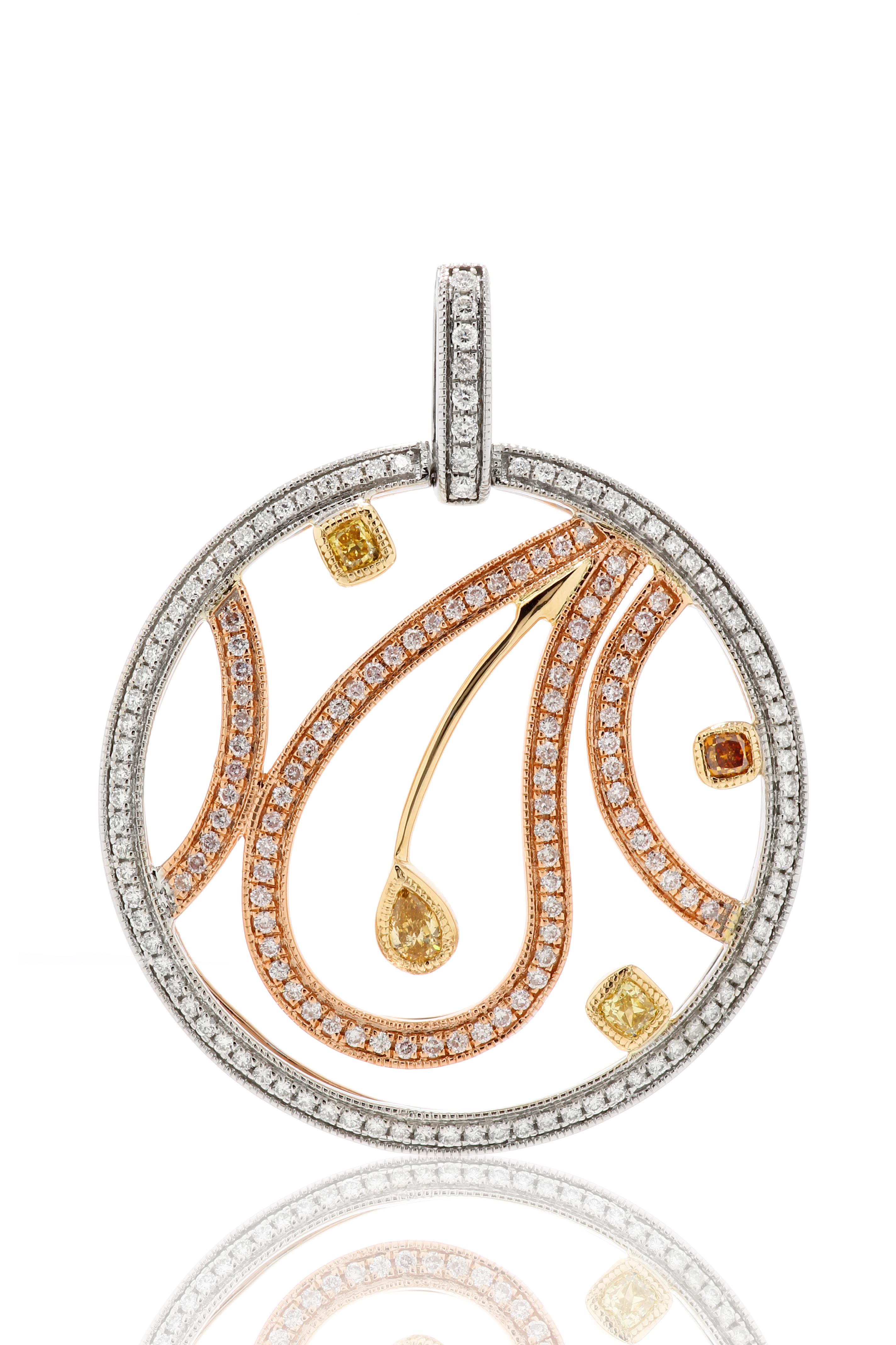 4 Natural Orange Yellow Mix Shape Diamonds 0.34 Carat Set with 80 Natural Fancy Pink Diamond Round 0.42 Carat and 89 White Round Brilliant Diamonds 0.34 Carat in Stunning 14K White, Yellow and Rose Gold Chain Drop Pendant Necklace.

Natural Orange