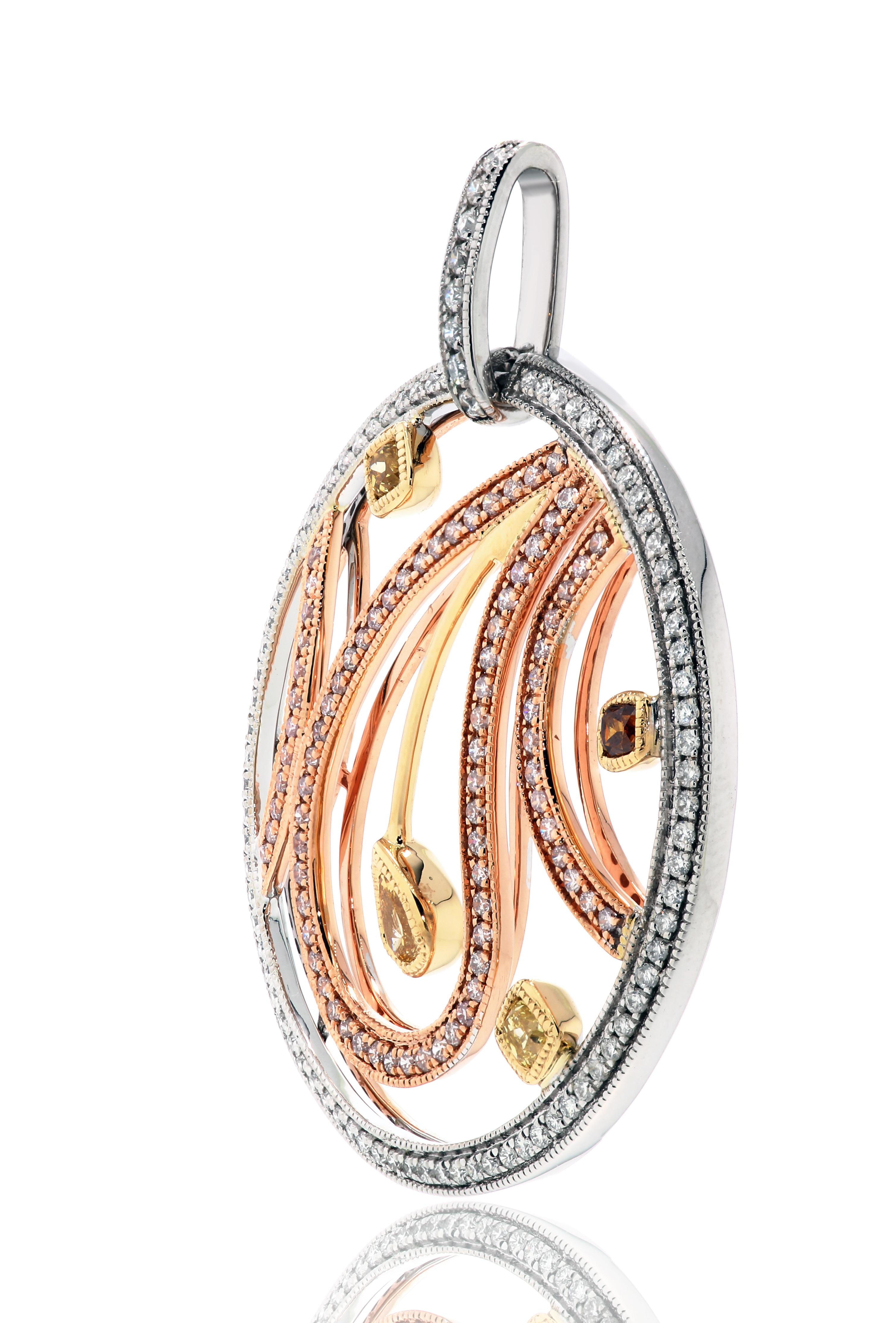 Contemporary Natural Fancy Color and Pink Diamond Three Color Gold Medallion Chain Pendant