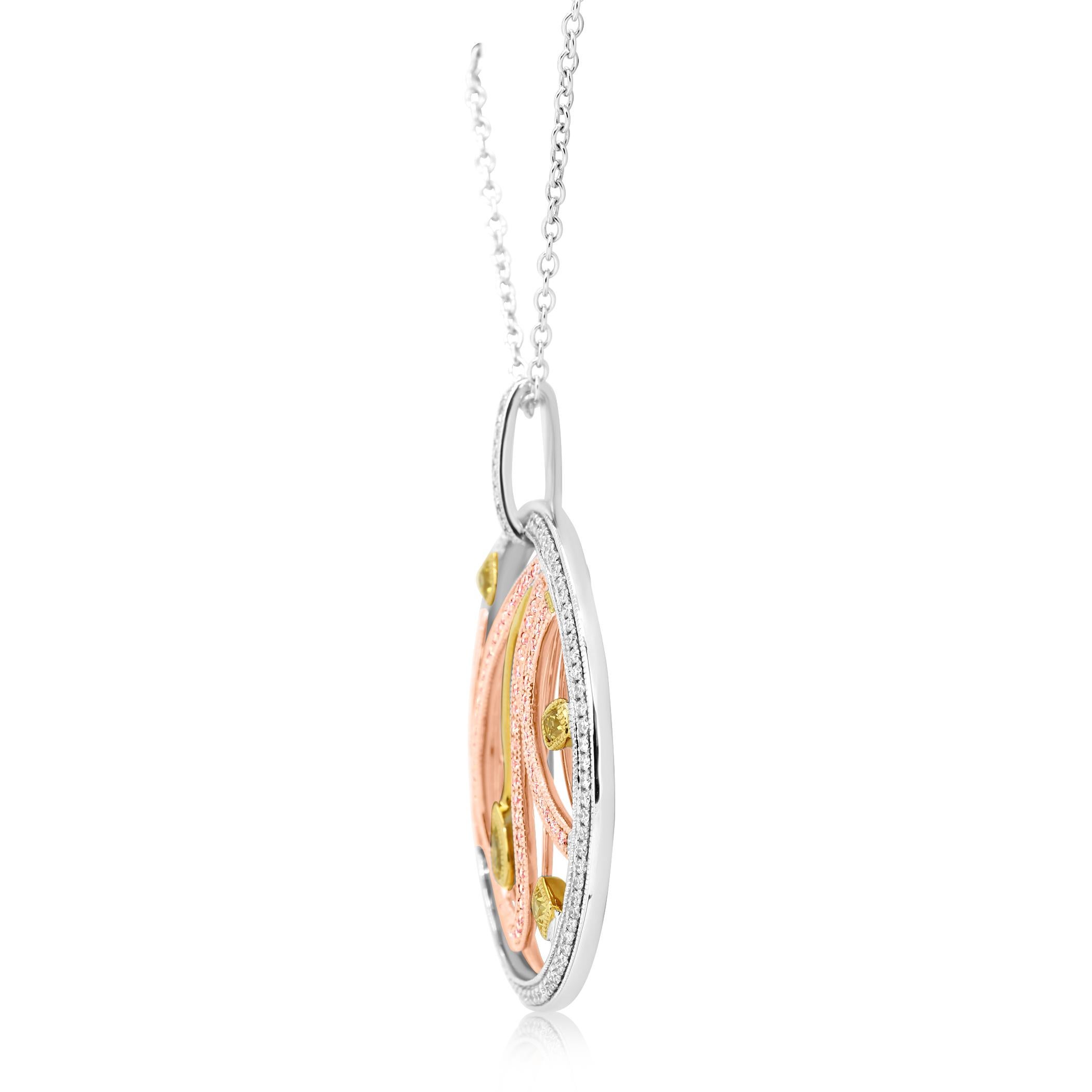 Contemporary Natural Fancy Color and Pink Diamond Three Color Gold Medallion Pendant Necklace