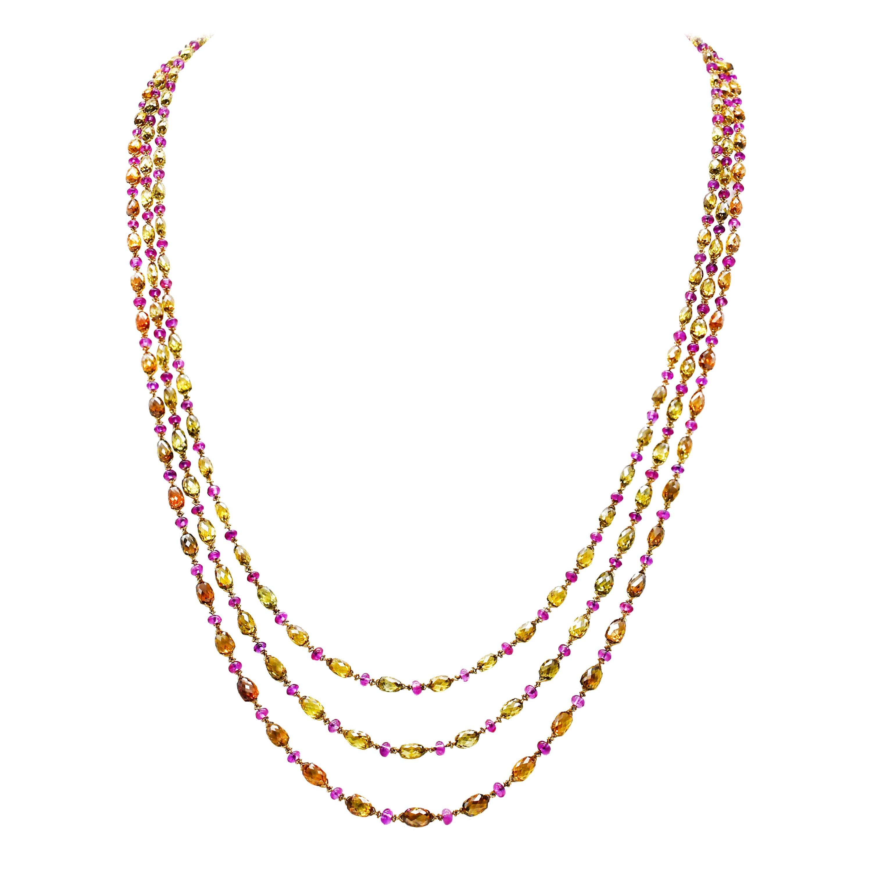 Natural Fancy Color Briolette Diamond and Burma No Heat Ruby Chain Necklace For Sale