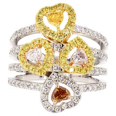 Natural Fancy Color Diamond Heart Multi Band Ring in 18K Solid Gold (Certified)