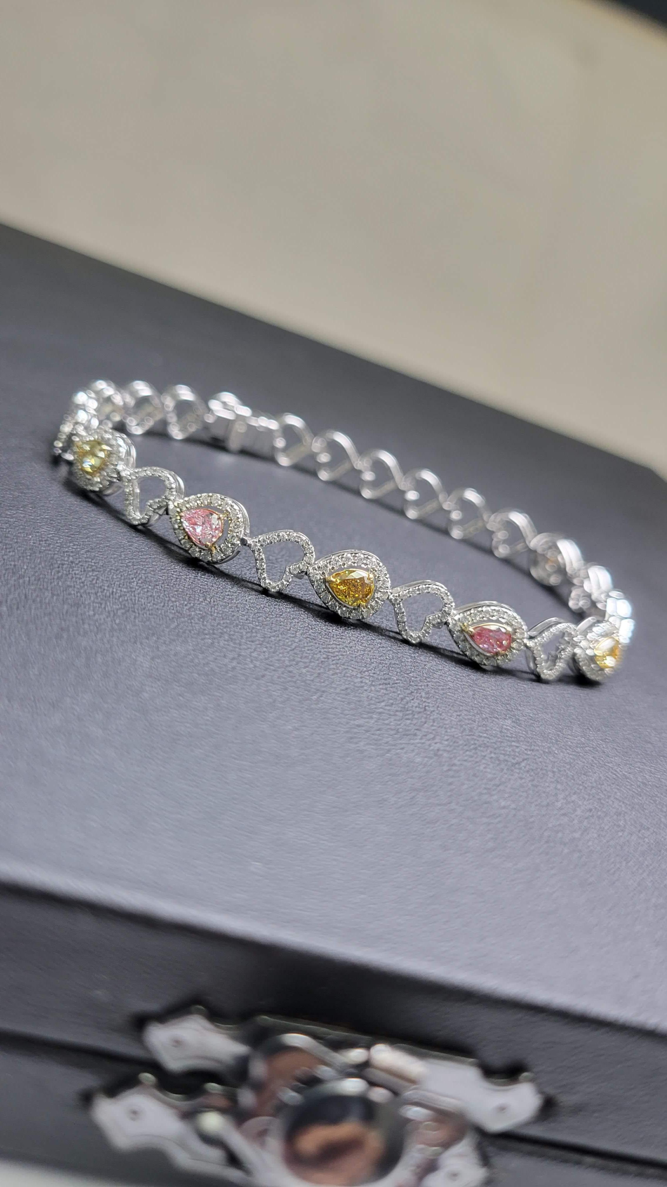 Pear Cut Natural Fancy Color Diamond Hearts Bracelet For Sale