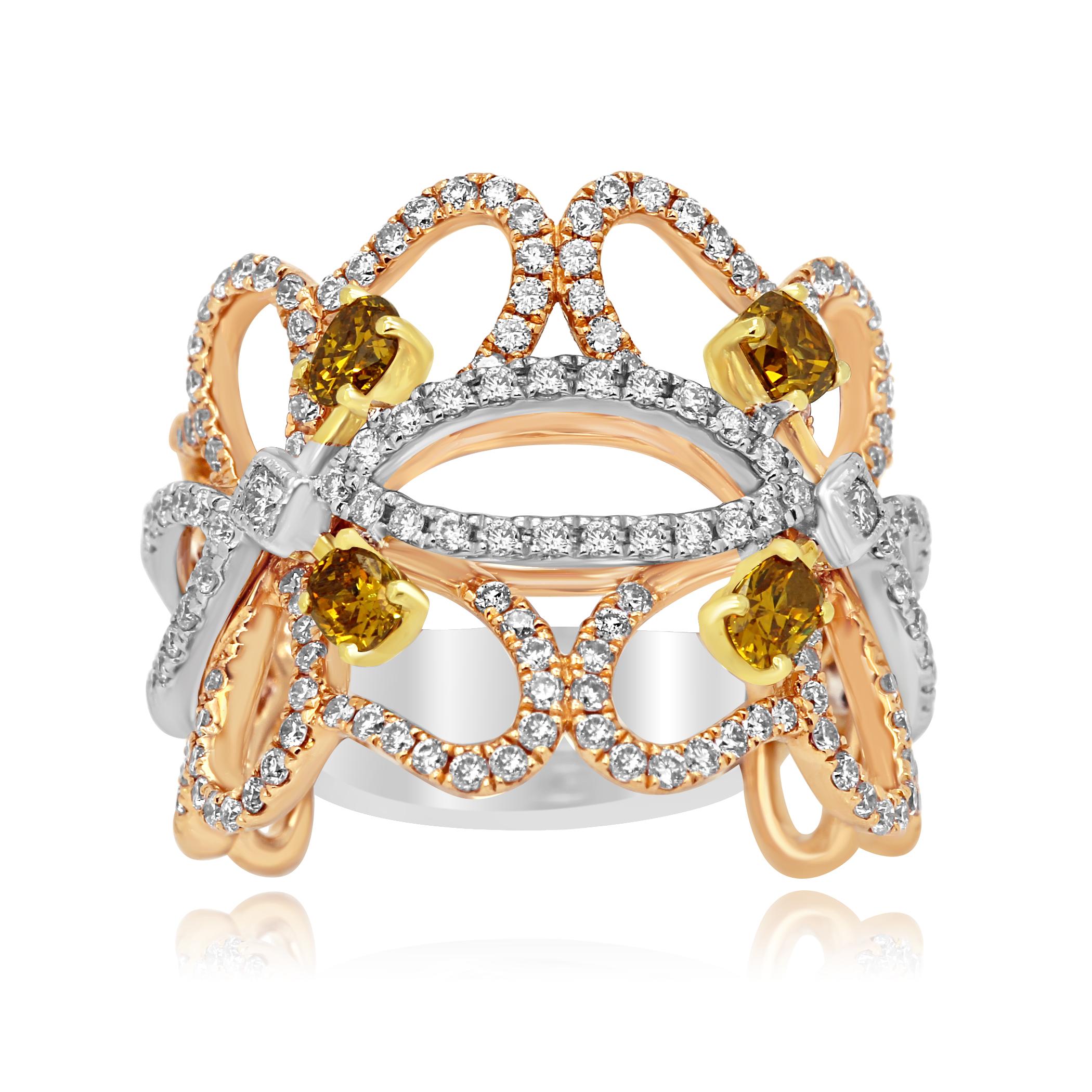 Stunning and stylish 4 Natural Fancy Orange Yellow cushion diamonds 0.47 carat set with natural Pink Round Diamonds 0.60 Carat and white diamonds rounds 0.26 Carat in 18K White, Yellow and Rose Gold Cocktail Fashion Band Ring.

Total Diamond Weight