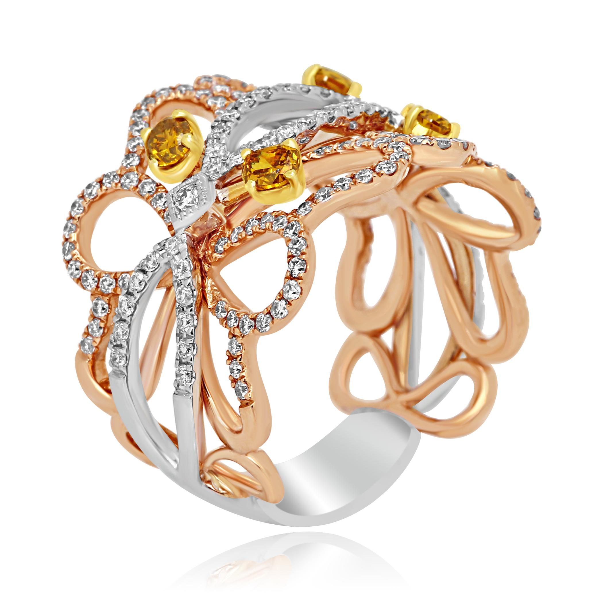 Contemporary Natural Fancy Color Diamond Three-Color Gold Cocktail Fashion Band Ring