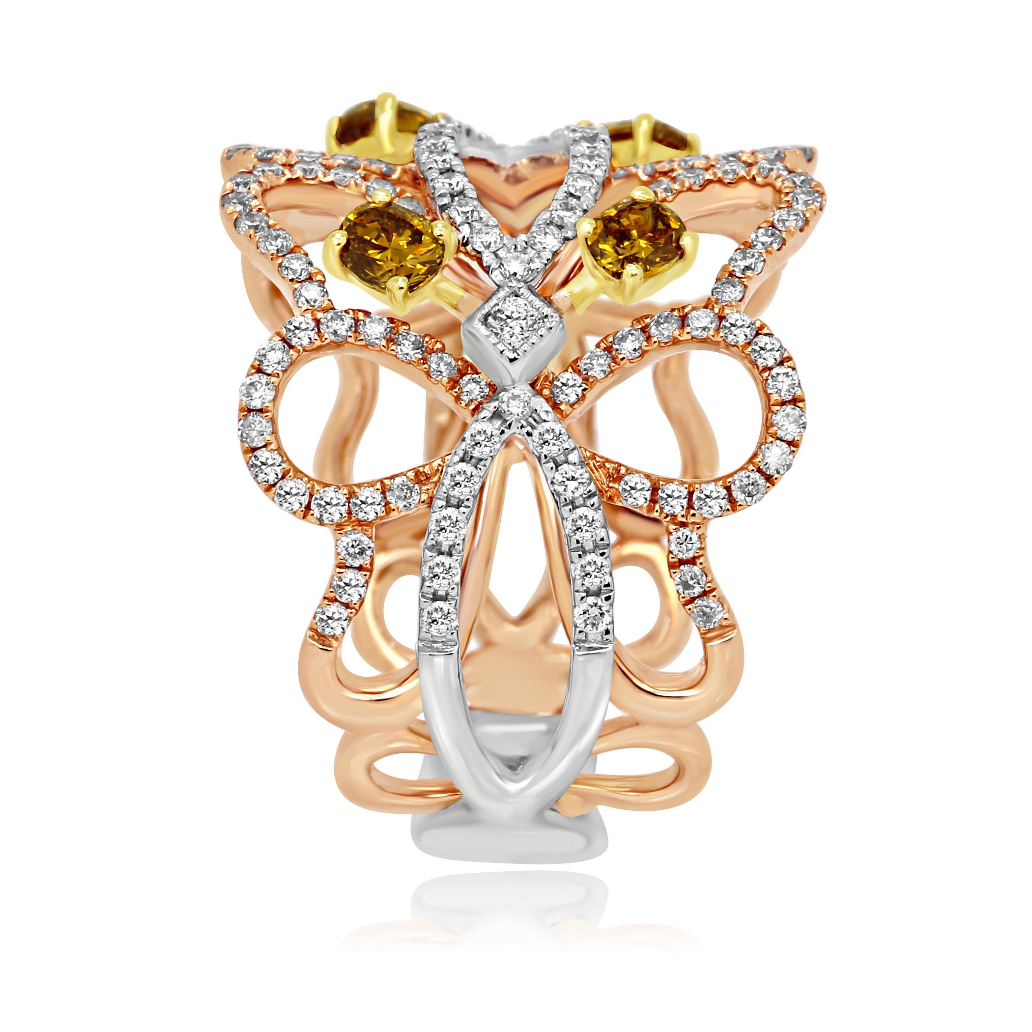 Cushion Cut Natural Fancy Color Diamond Three-Color Gold Cocktail Fashion Band Ring