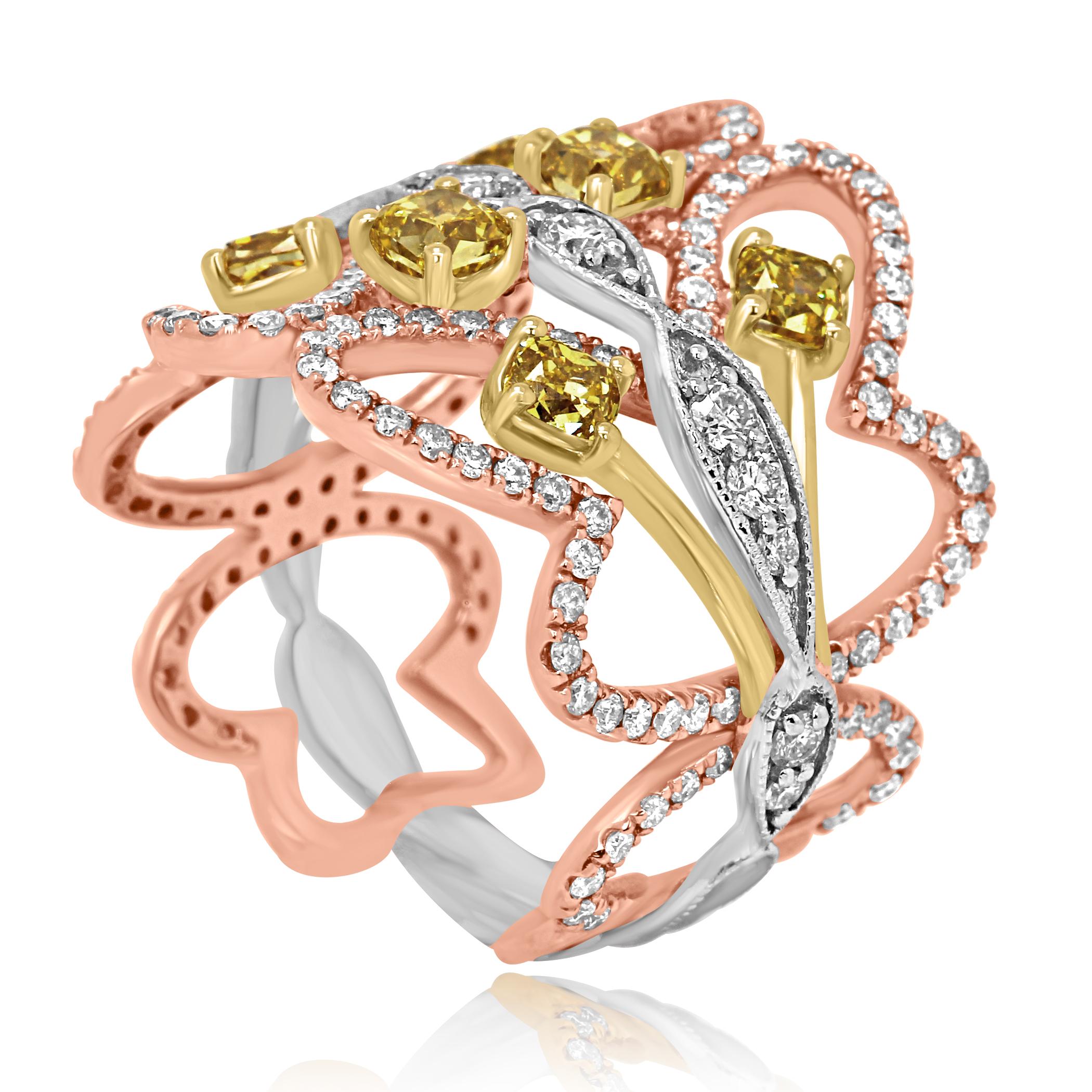 Women's Natural Yellow Pink White Diamond Three-Color Gold Cocktail Fashion Band Ring