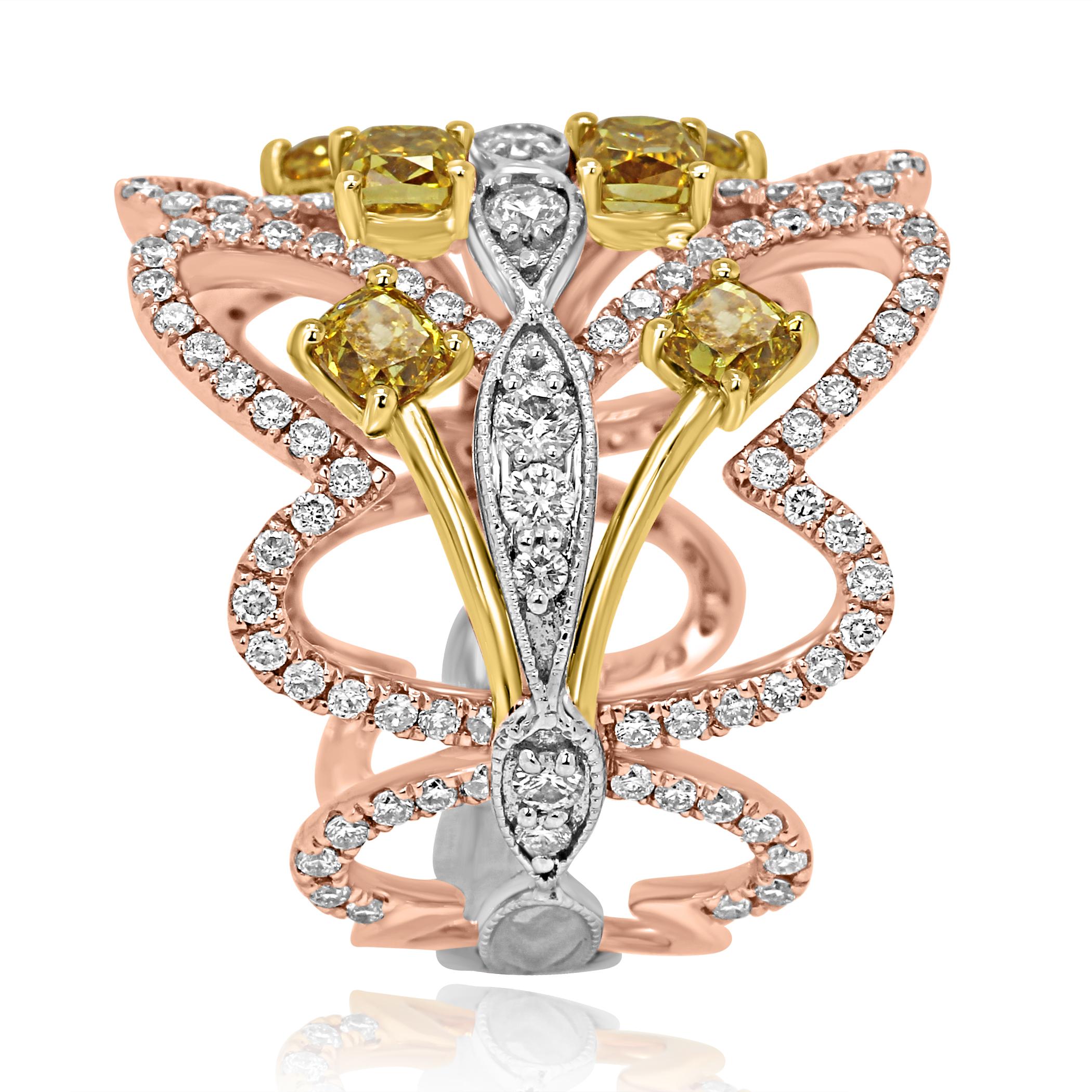 Natural Yellow Pink White Diamond Three-Color Gold Cocktail Fashion Band Ring 1