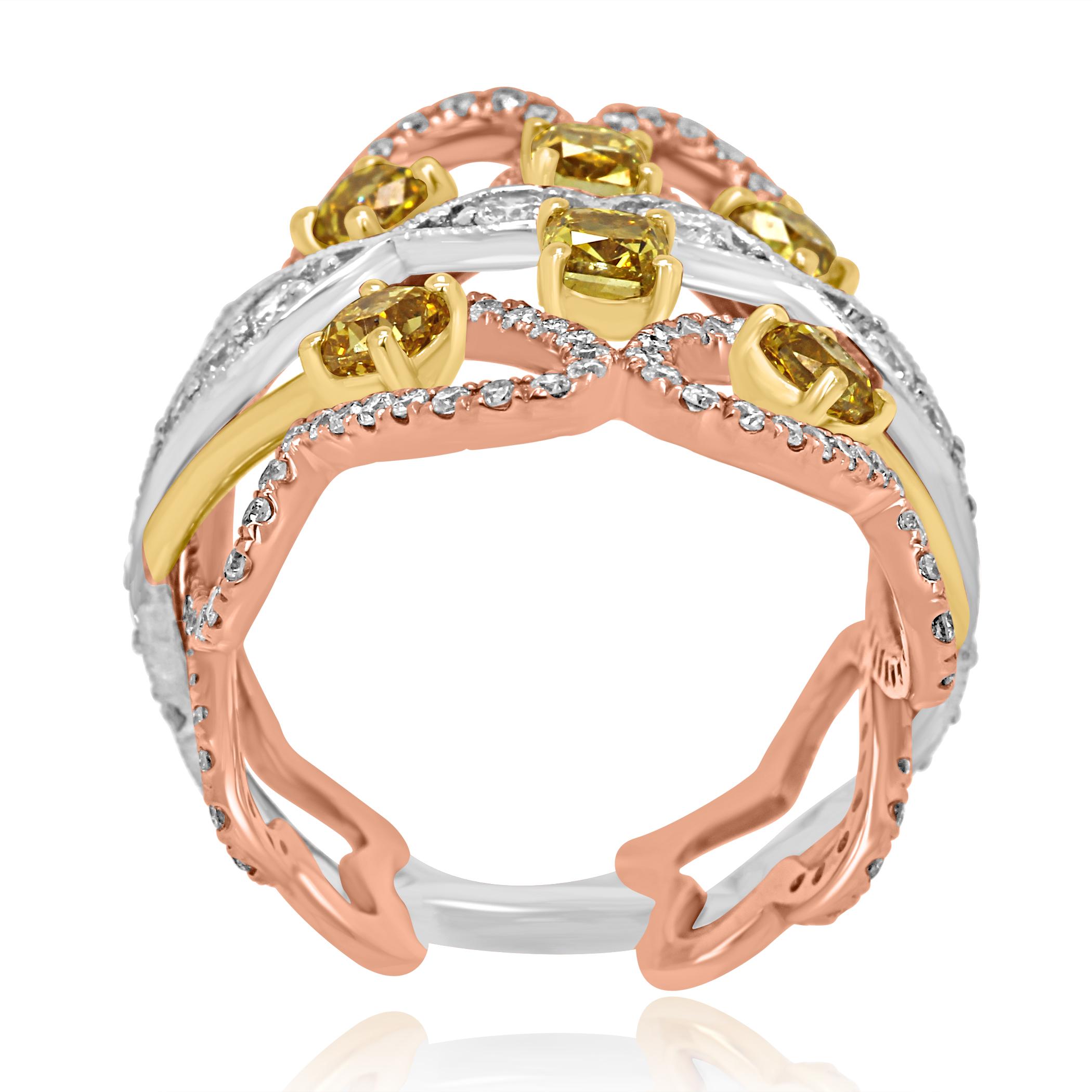 Natural Yellow Pink White Diamond Three-Color Gold Cocktail Fashion Band Ring 2
