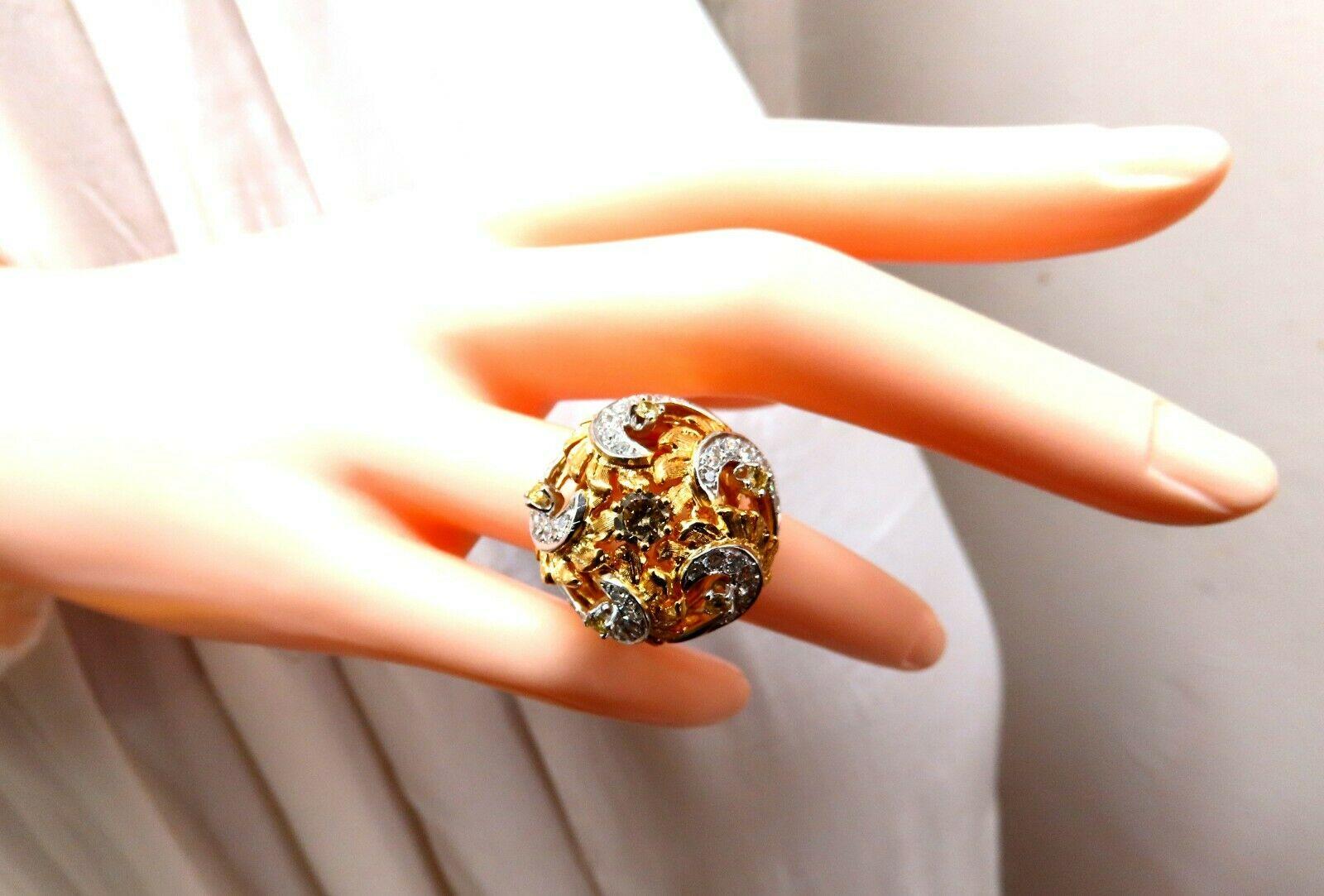 Round Cut Natural Fancy Color Diamonds Raised Dome Florentine Ring 14 Karat For Sale