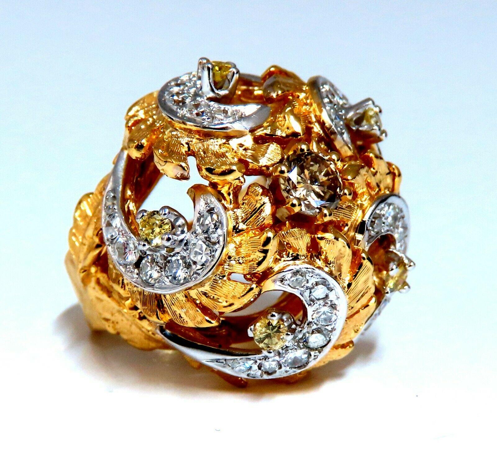 Natural Fancy Color Diamonds Raised Dome Florentine Ring 14 Karat In New Condition For Sale In New York, NY