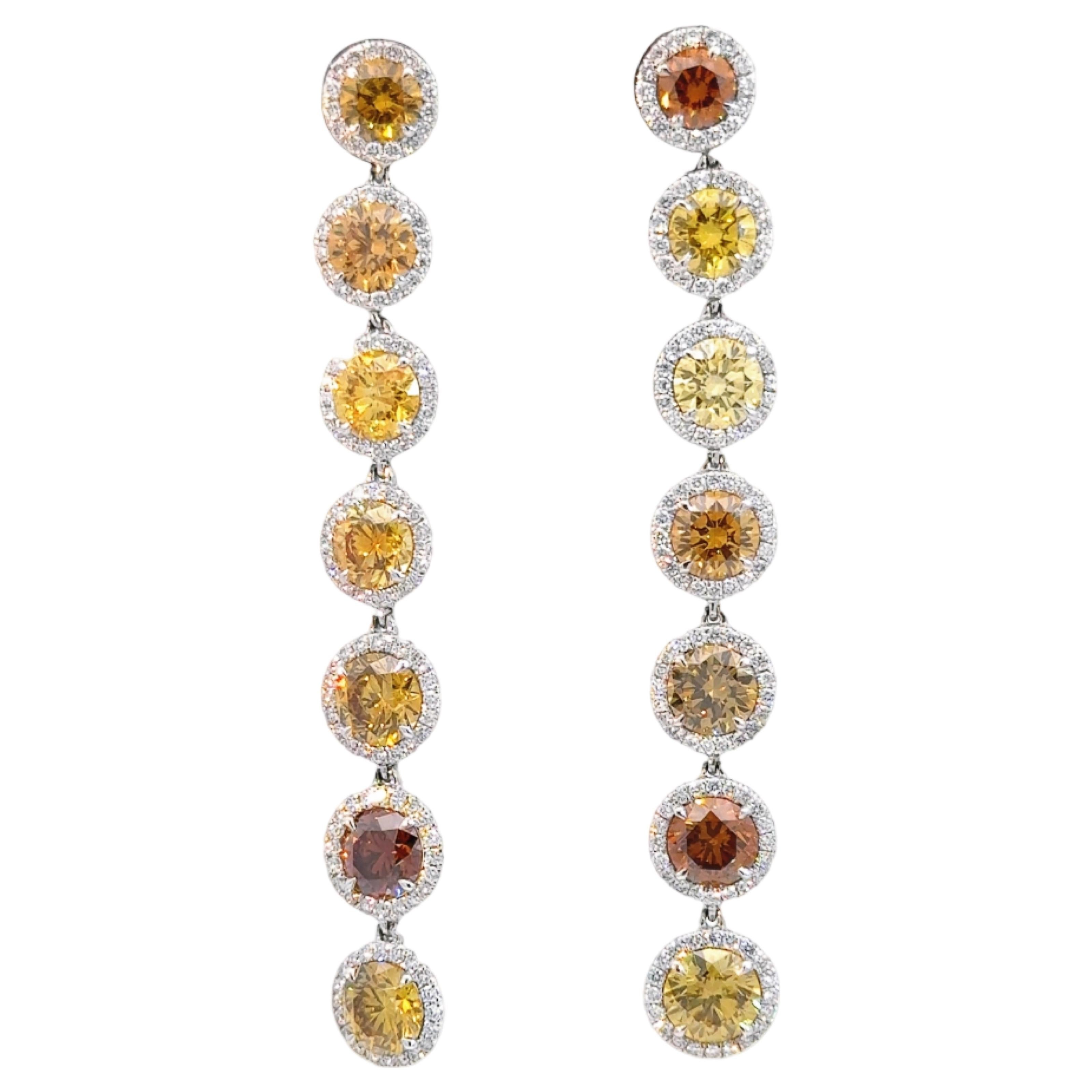 Round Cut Natural Fancy Color Round Brown and Yellow Diamond Hanging Halo Earrings For Sale