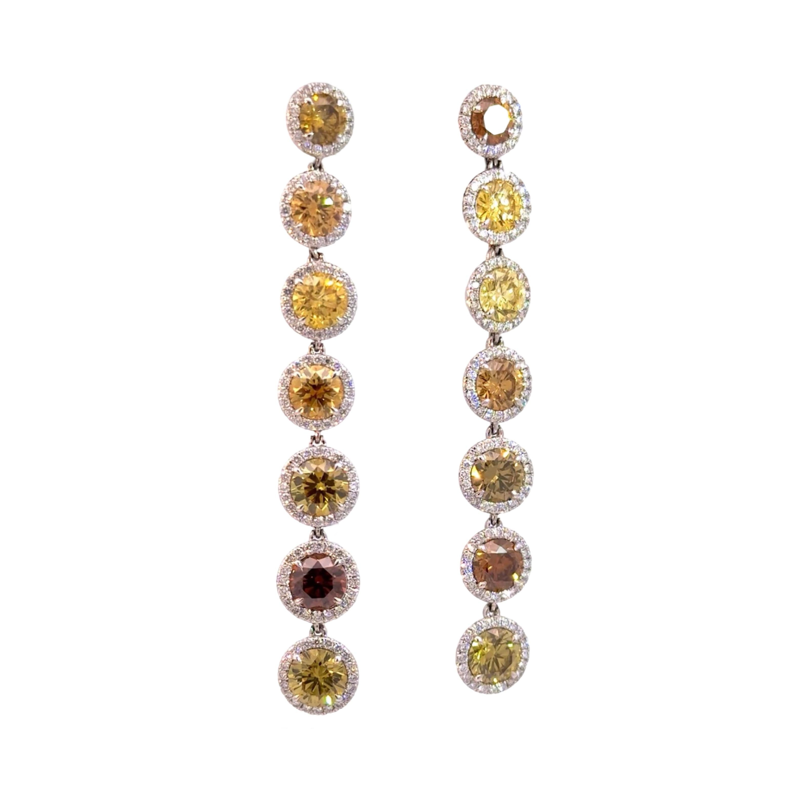 Natural Fancy Color Round Brown and Yellow Diamond Hanging Halo Earrings In New Condition For Sale In New York, NY
